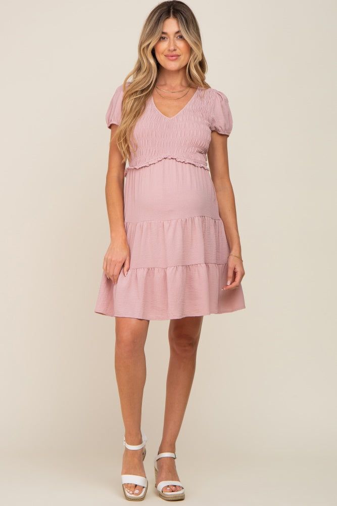 Pink Smocked Tiered Maternity Mini Dress sold by Pinkblush product image thumbnail 4