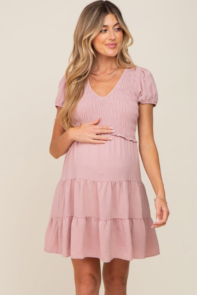 Pink Smocked Tiered Maternity Mini Dress sold by Pinkblush