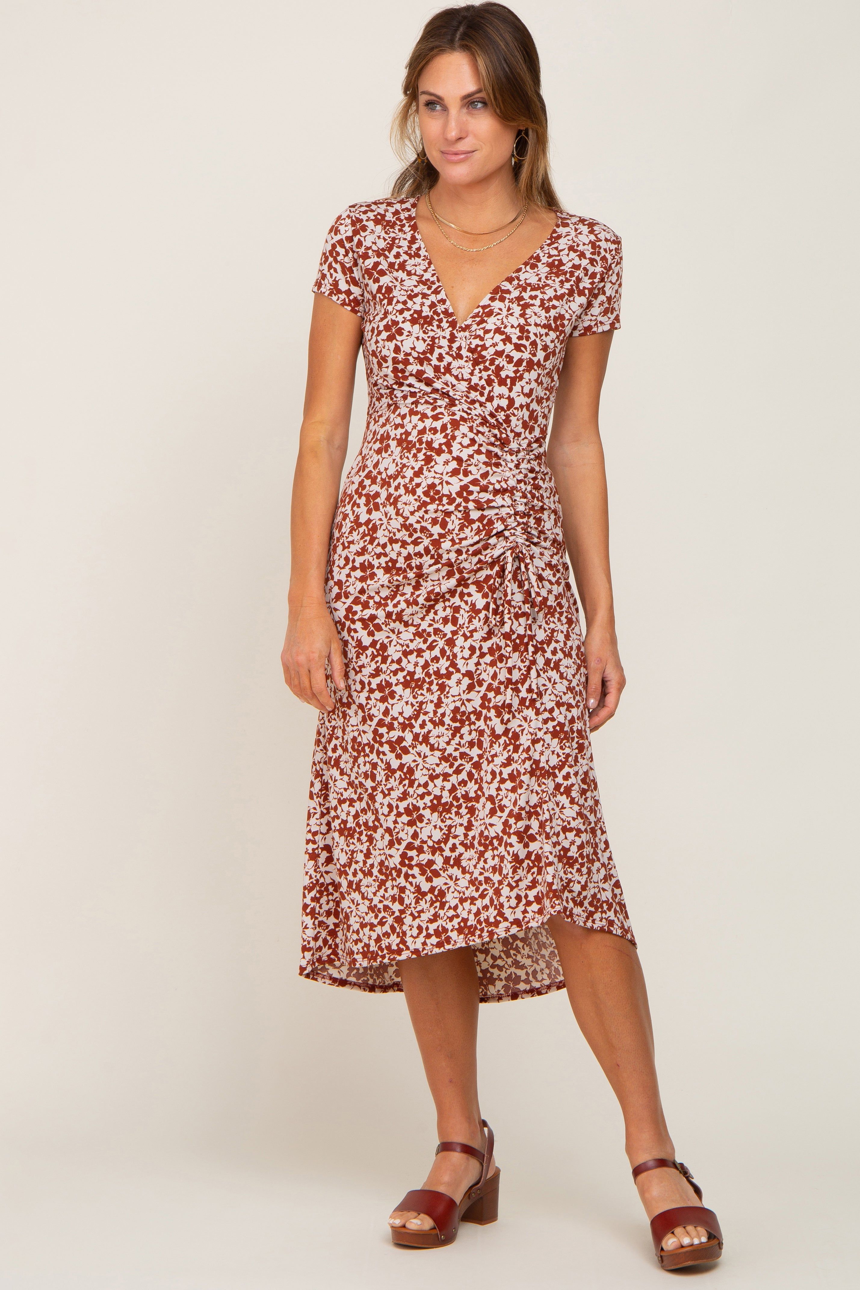 Rust Floral Wrap Front Ruched Hi-Low Maternity Midi Dress sold by Pinkblush product image thumbnail 7