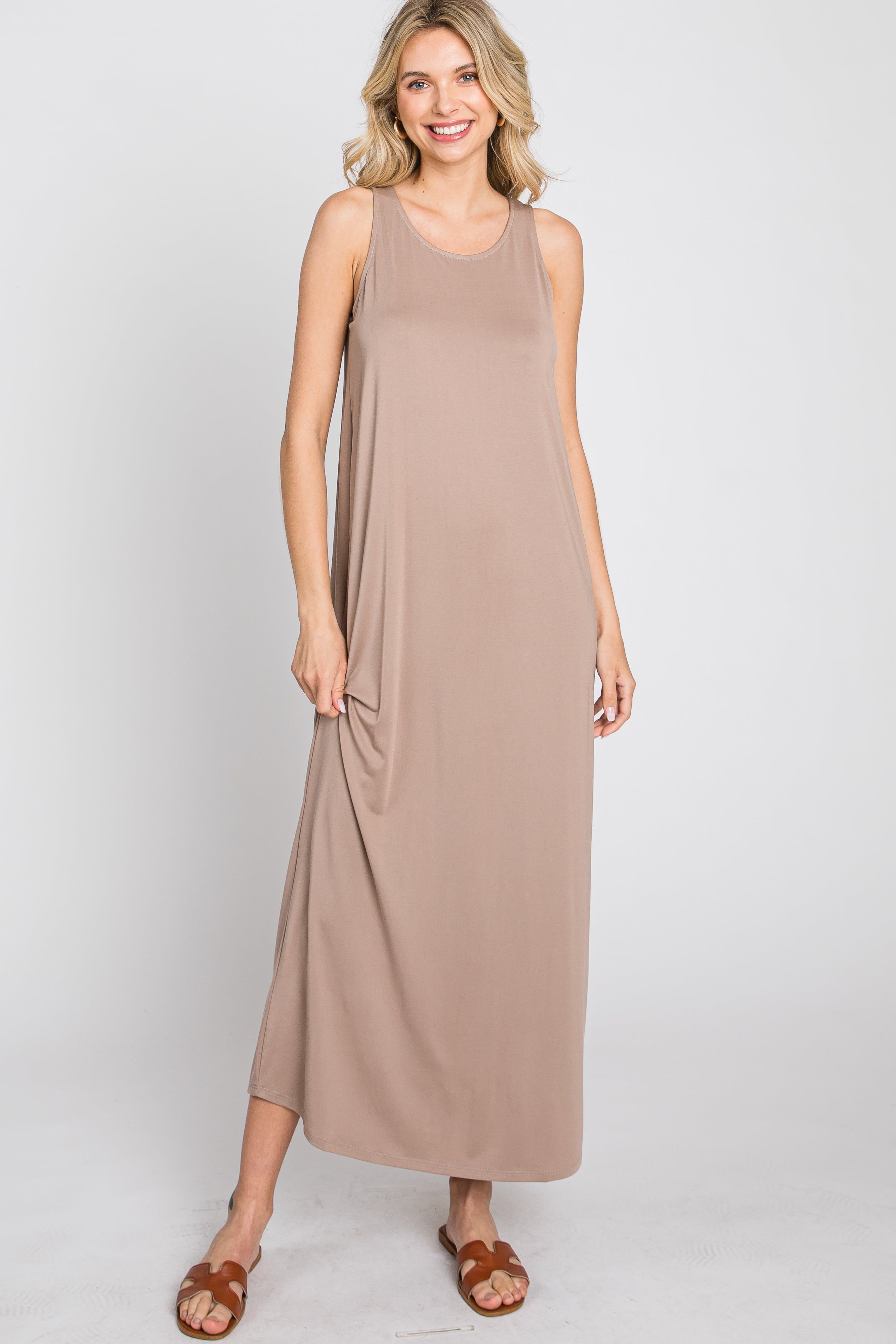 Taupe Solid Sleeveless Midi Dress sold by Pinkblush product image thumbnail 2