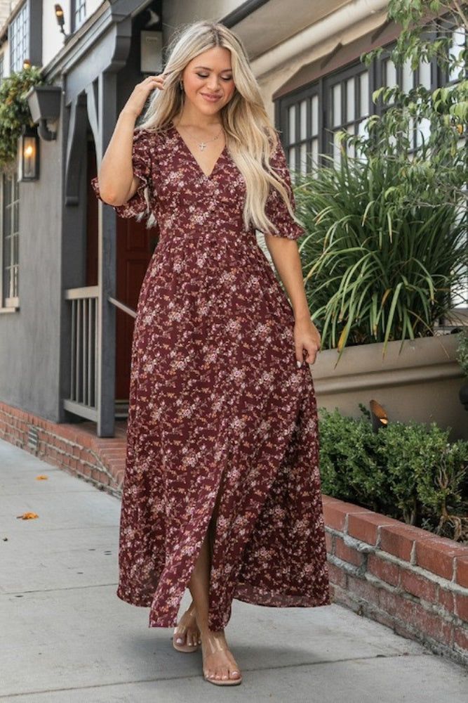 Burgundy Puff Sleeve Maxi Dress sold by Pinkblush