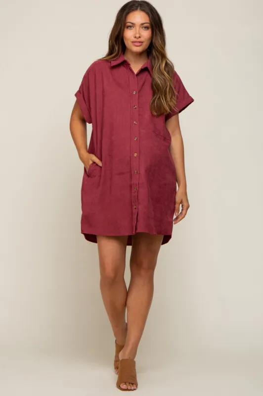 Burgundy Ribbed Button Down Maternity Mini Dress sold by Pinkblush
