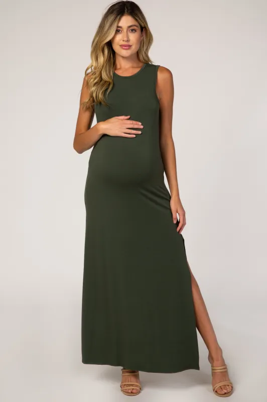 Olive Side Slit Maternity Maxi Dress sold by Pinkblush