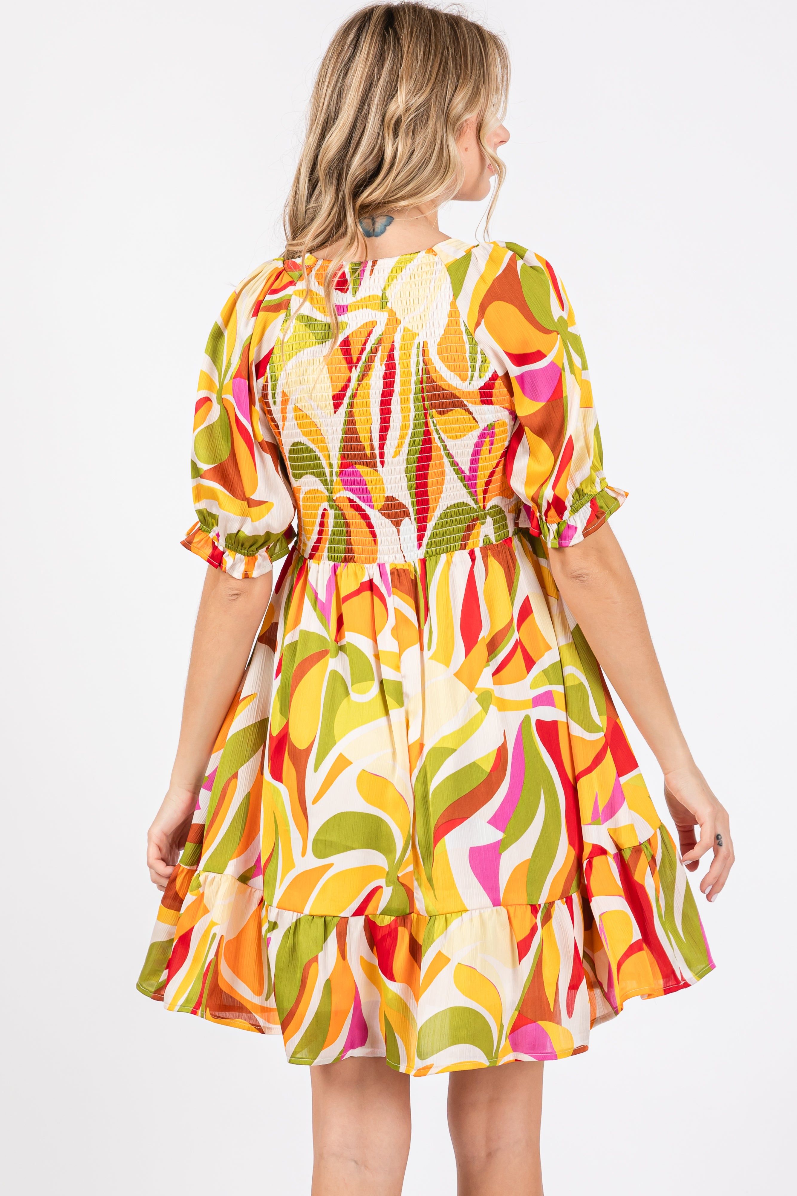 Yellow Abstract Print Smocked Dress sold by Pinkblush product image thumbnail 4