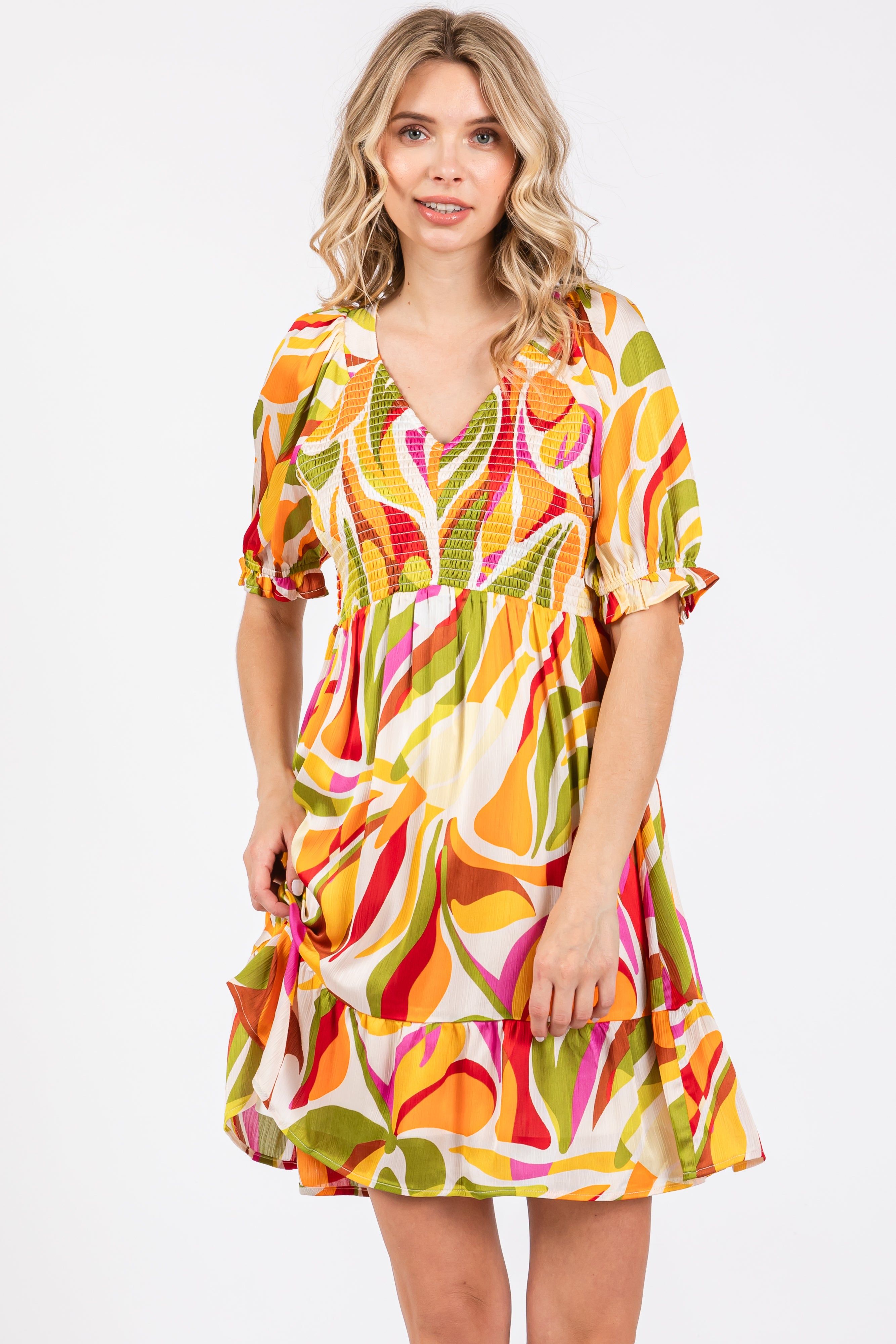 Yellow Abstract Print Smocked Dress sold by Pinkblush