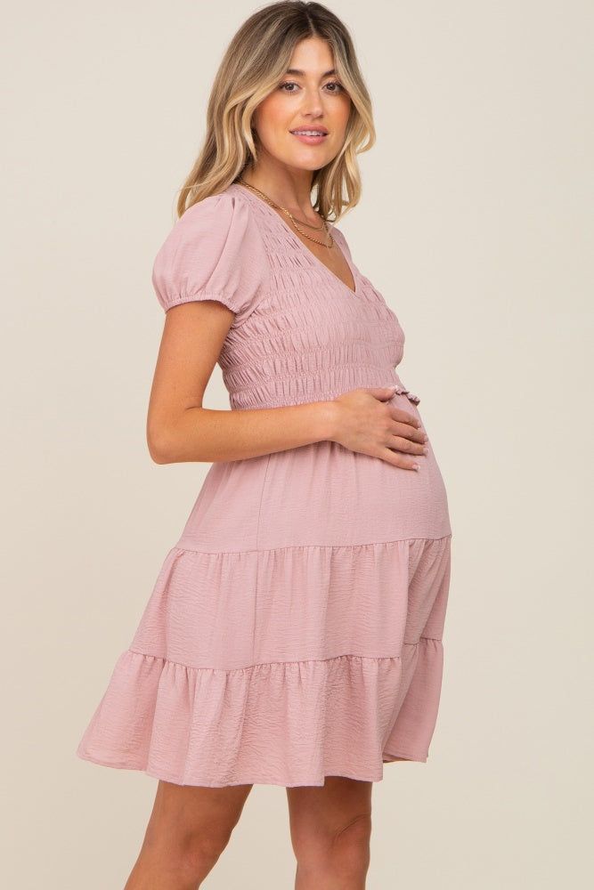 Pink Smocked Tiered Maternity Mini Dress sold by Pinkblush product image thumbnail 2