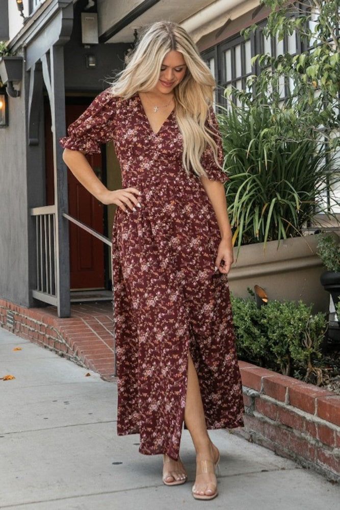 Burgundy Puff Sleeve Maxi Dress sold by Pinkblush product image thumbnail 2