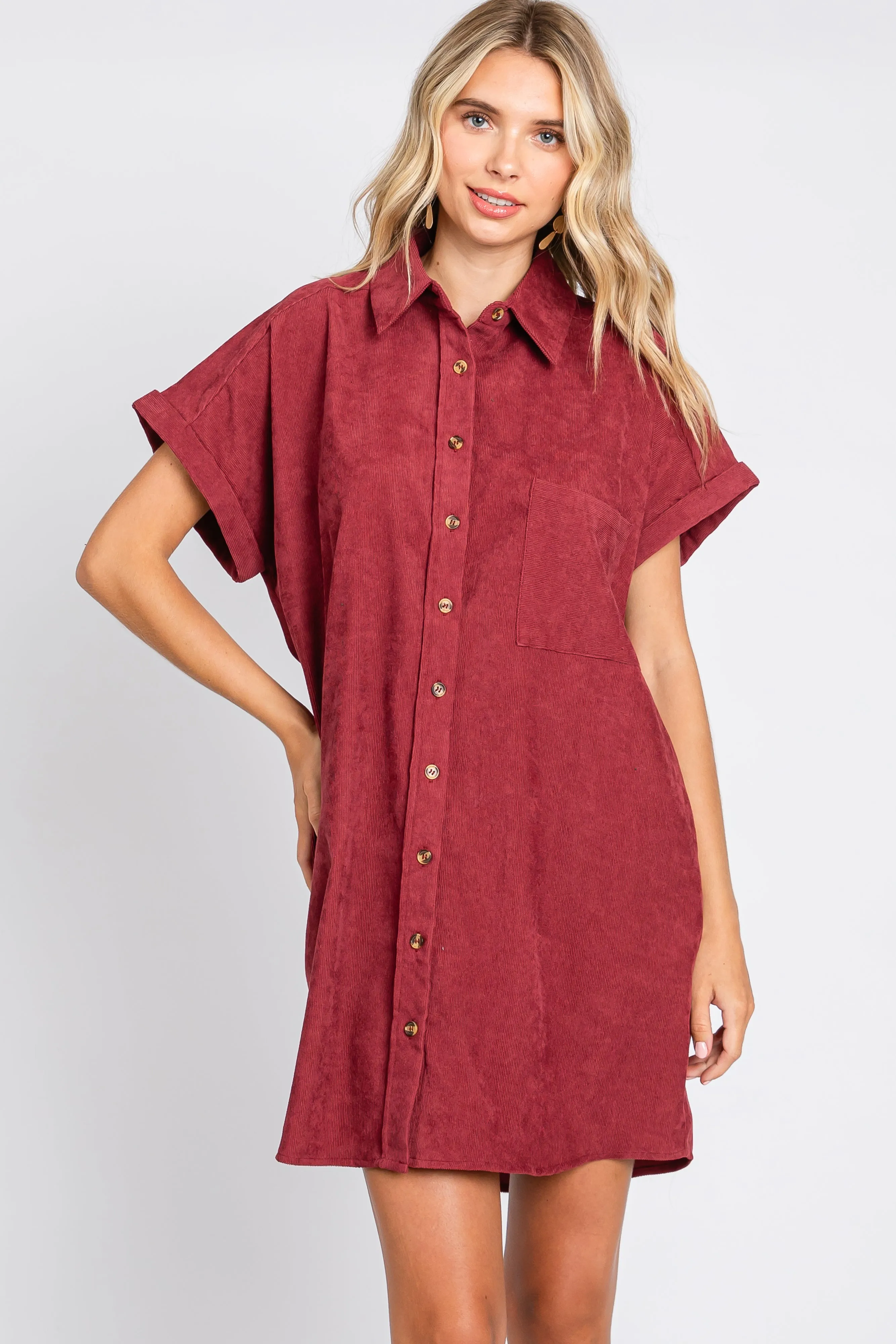 Burgundy Ribbed Button Down Maternity Mini Dress sold by Pinkblush product image thumbnail 5