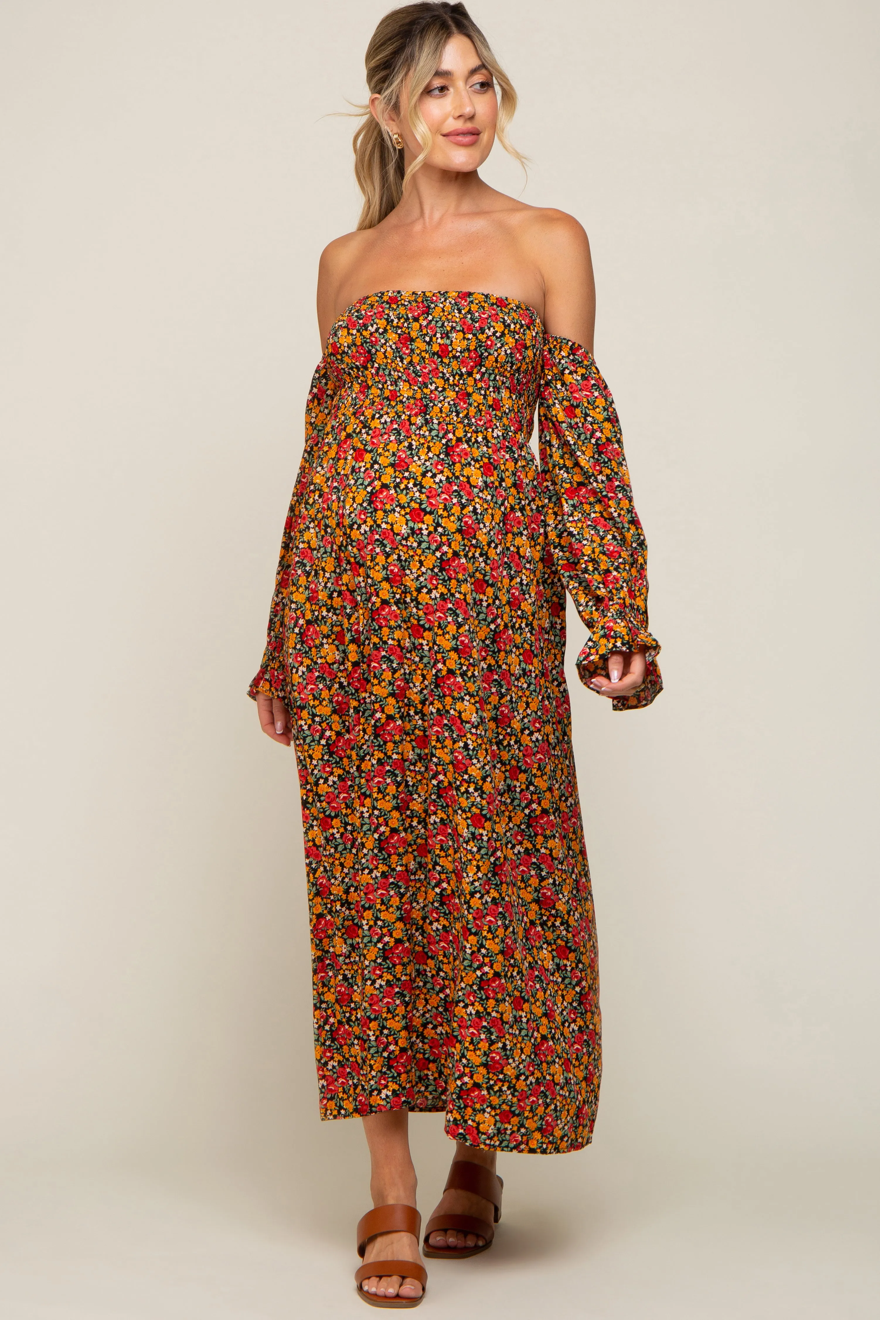 Red Floral Long Sleeve Maternity Maxi Dress sold by Pinkblush