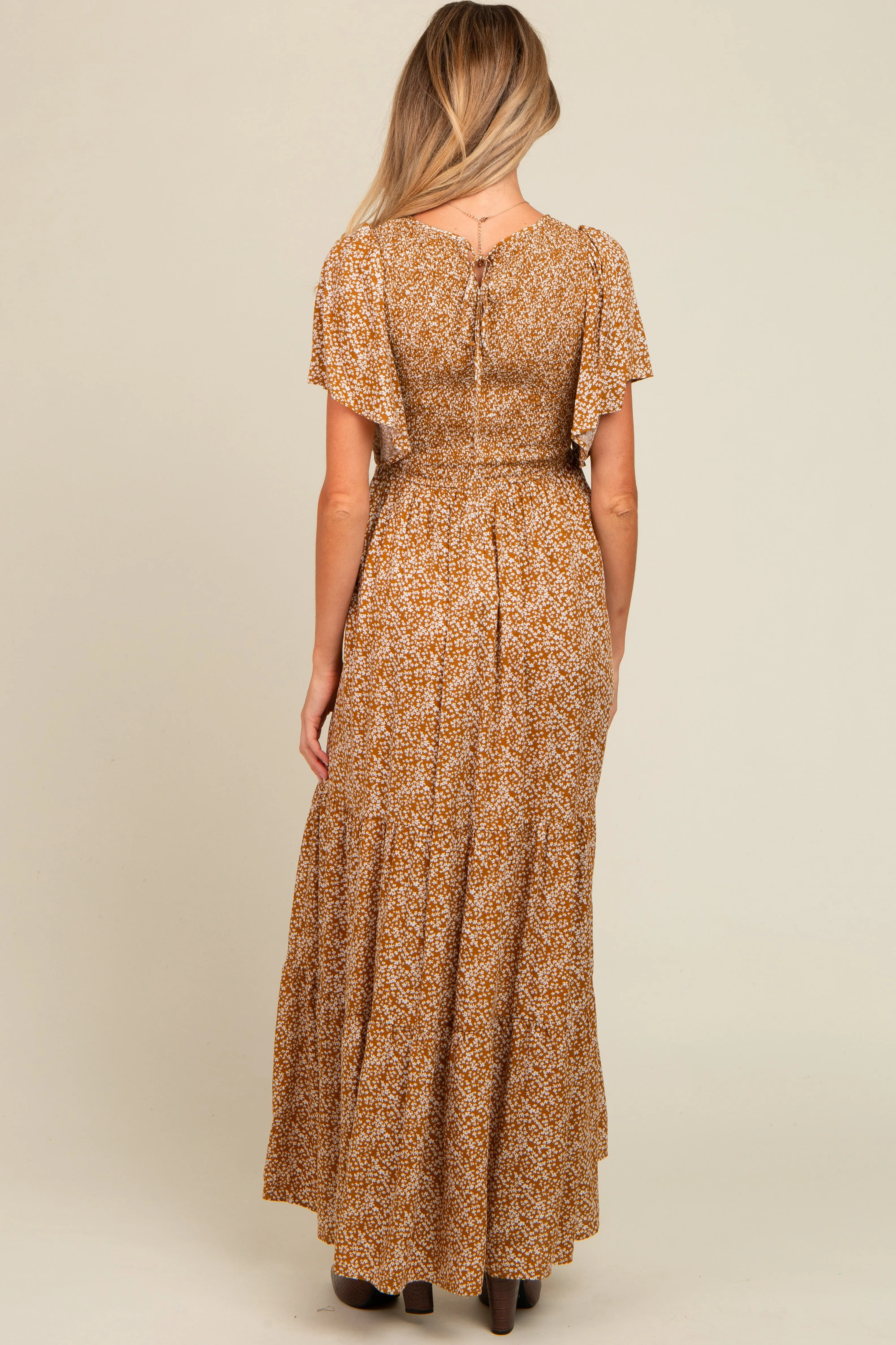 Camel Floral Smocked Flutter Sleeve Maternity Maxi Dress sold by Pinkblush product image thumbnail 3