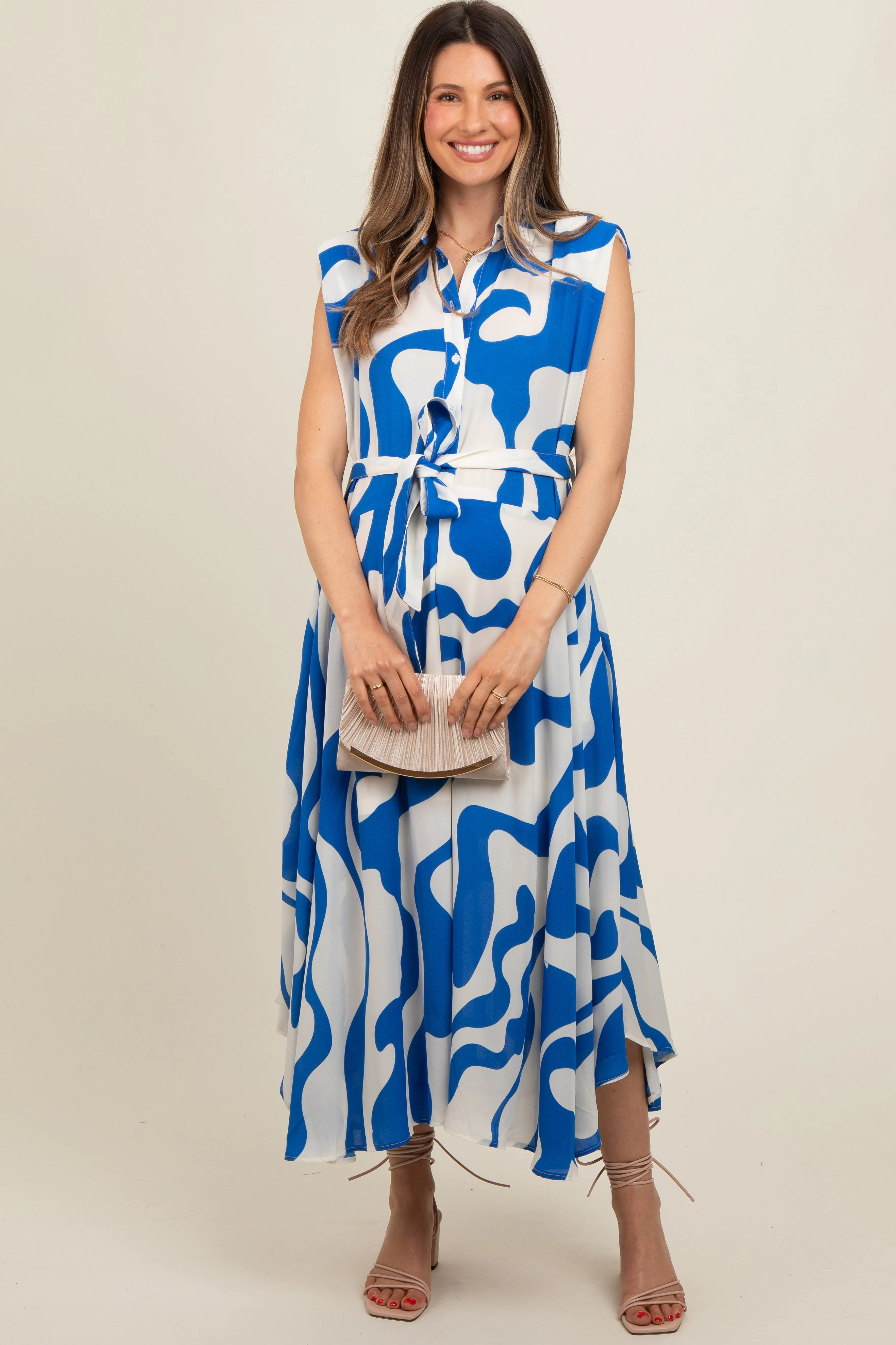 Blue Abstract Print Collared Belted Maternity Dress sold by Pinkblush product image thumbnail 2