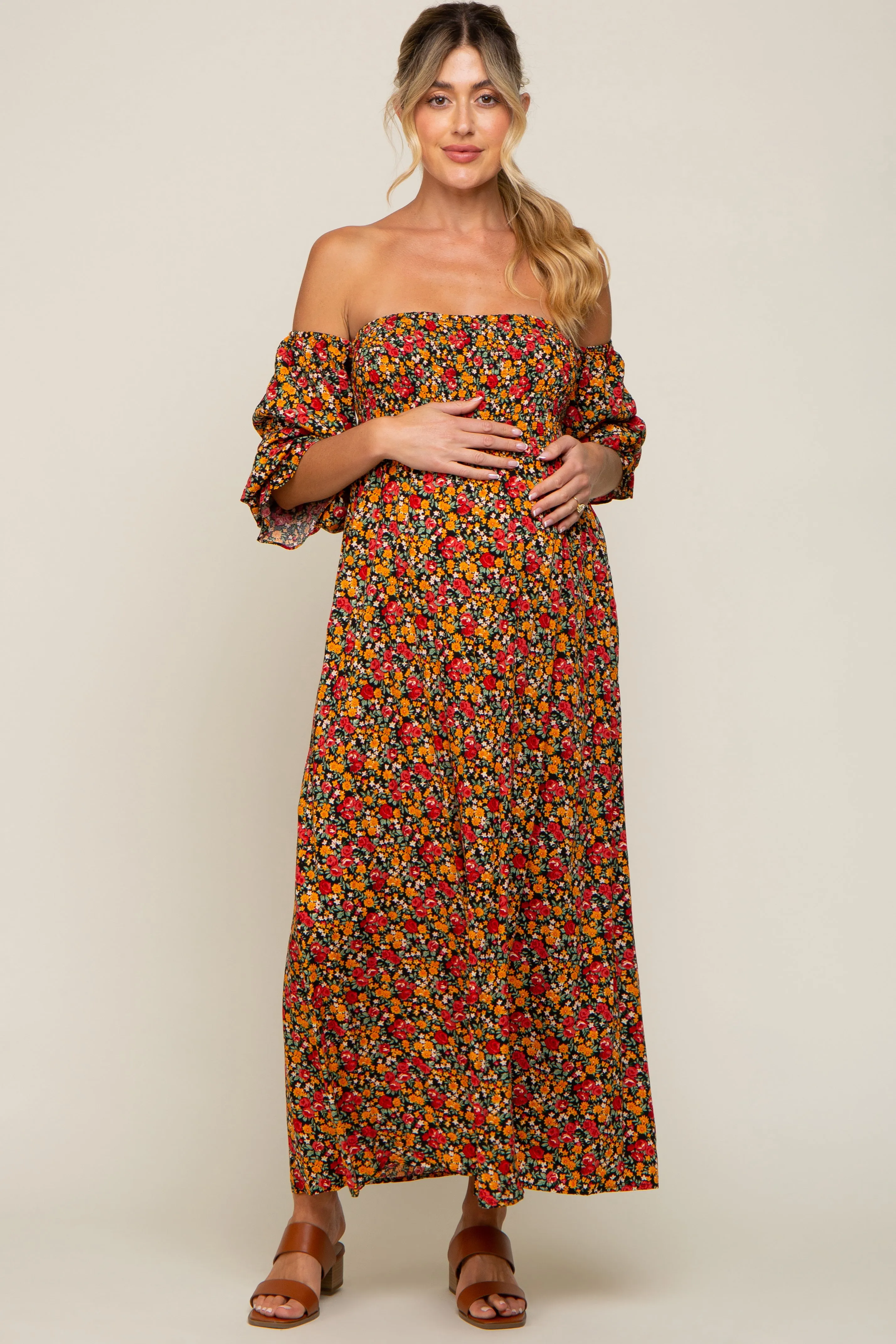 Red Floral Long Sleeve Maternity Maxi Dress sold by Pinkblush product image thumbnail 2