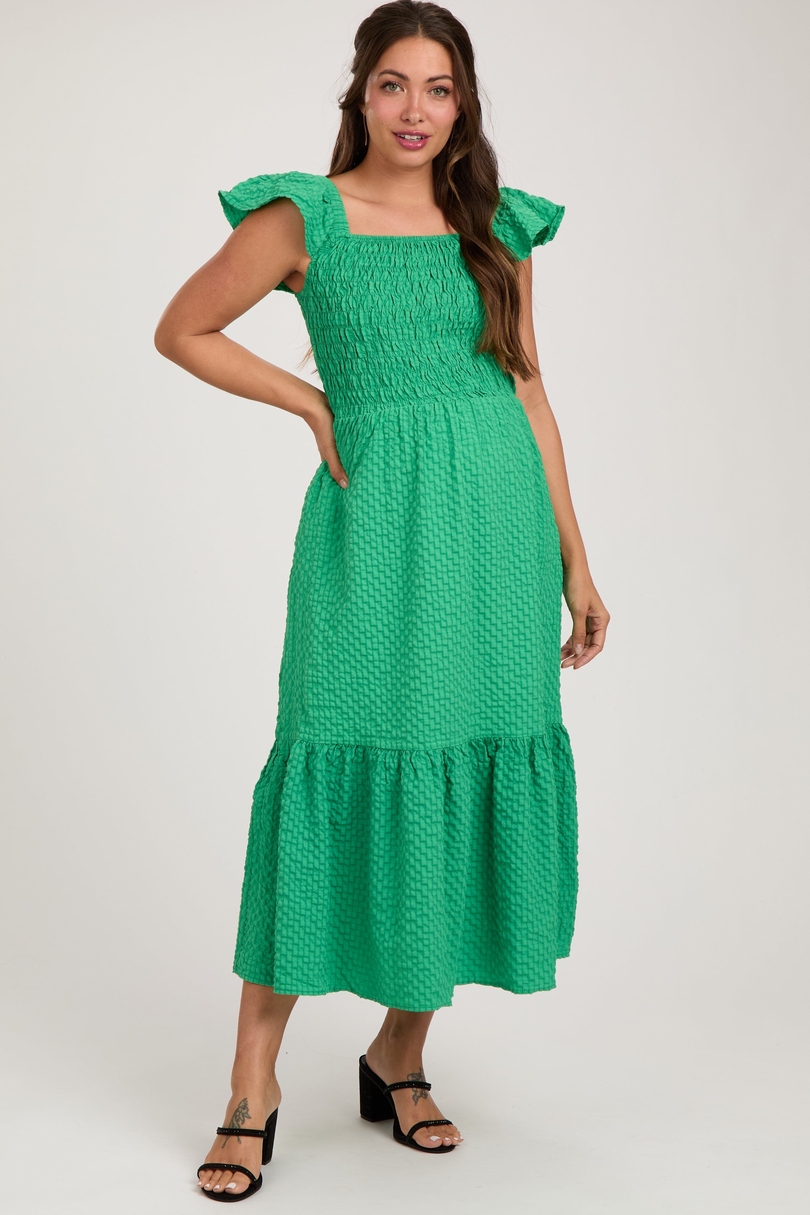 Green Sleeveless Smocked Tiered Maternity Dress sold by Pinkblush
