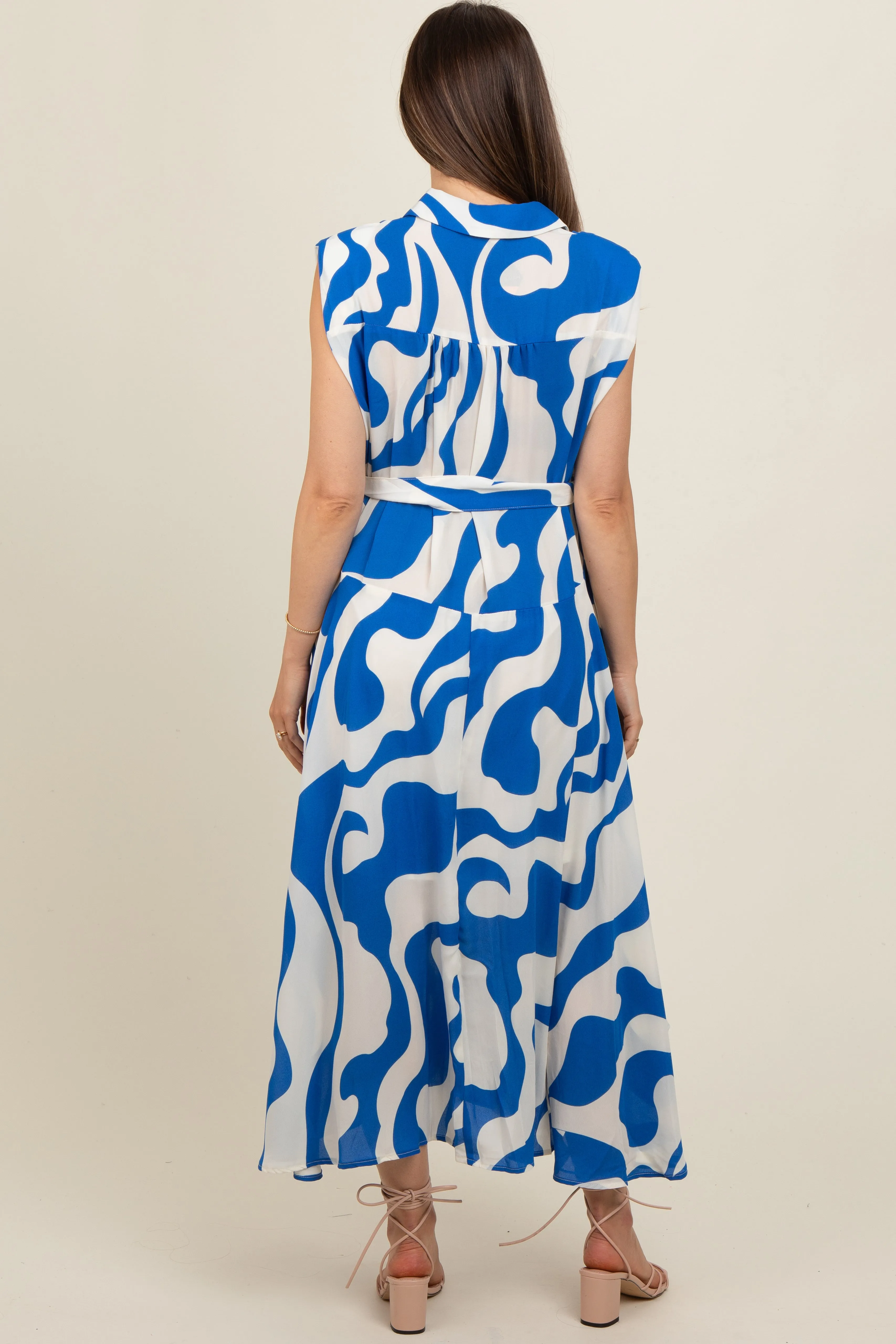 Blue Abstract Print Collared Belted Maternity Dress sold by Pinkblush product image thumbnail 3