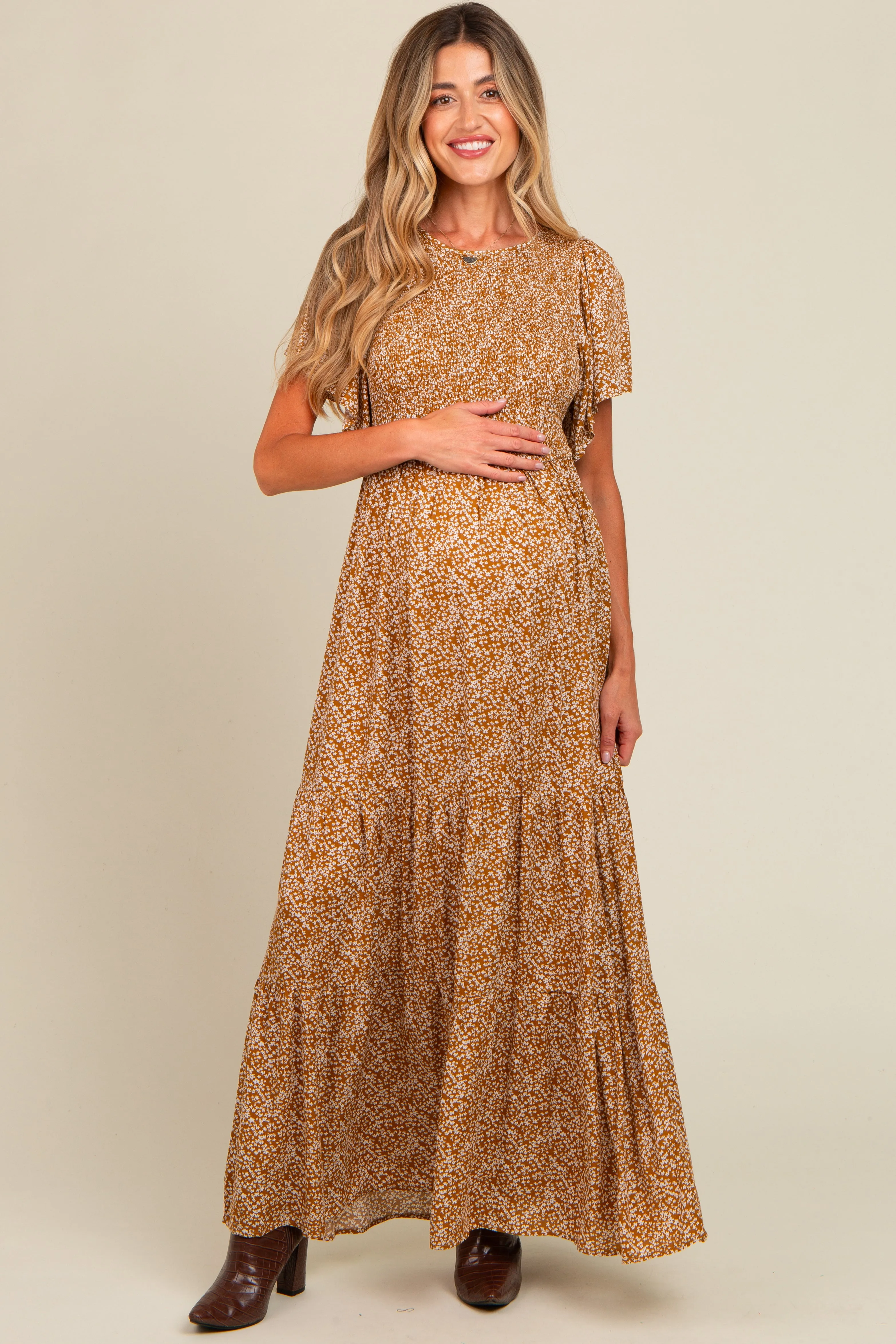 Camel Floral Smocked Flutter Sleeve Maternity Maxi Dress sold by Pinkblush