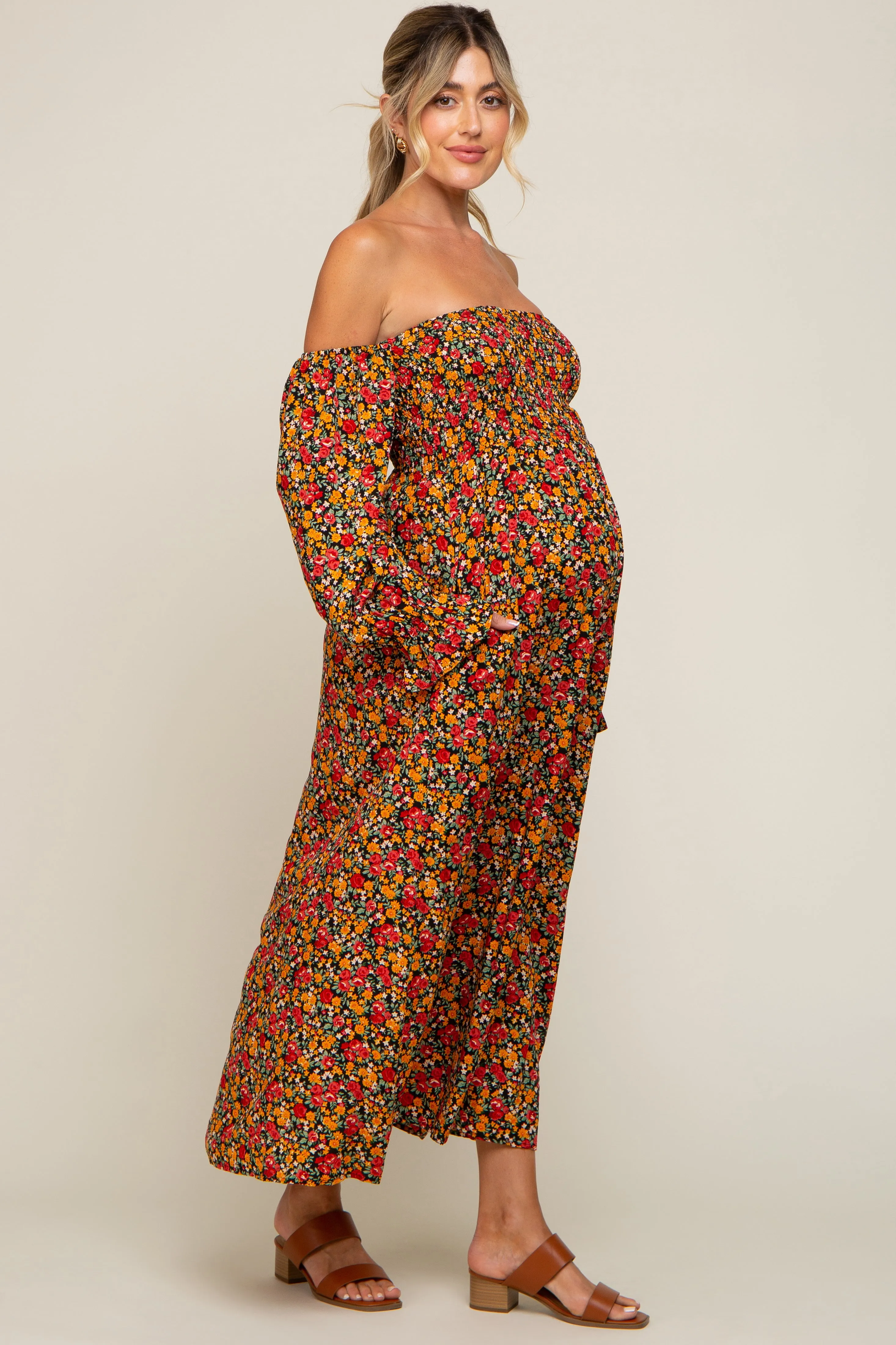Red Floral Long Sleeve Maternity Maxi Dress sold by Pinkblush product image thumbnail 3