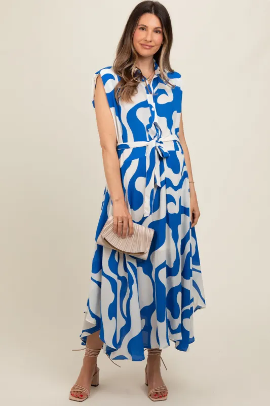Blue Abstract Print Collared Belted Maternity Dress sold by Pinkblush