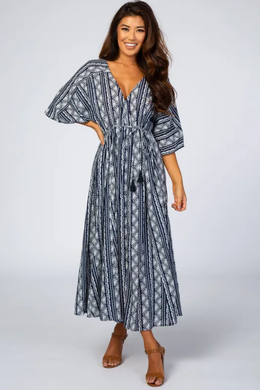 Navy Printed V-Neck Midi Dress sold by Pinkblush