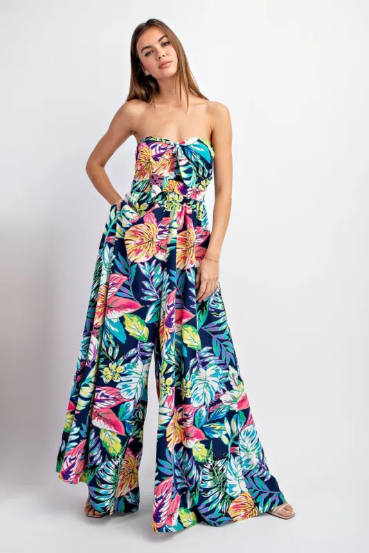 Navy Floral Strapless Front Tie Jumpsuit sold by Pinkblush