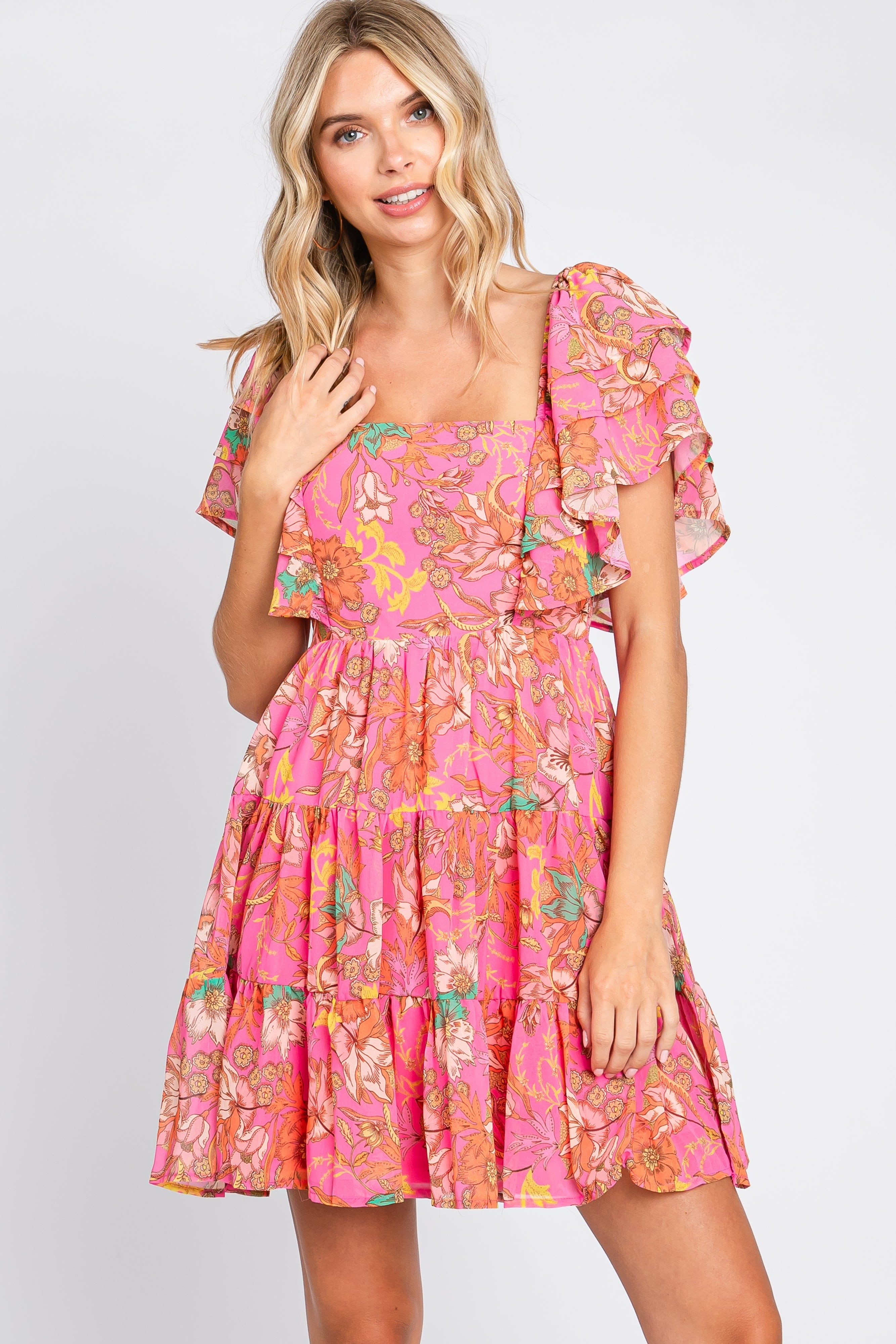 Fuchsia Floral Frill Sleeve Tiered Dress sold by Pinkblush