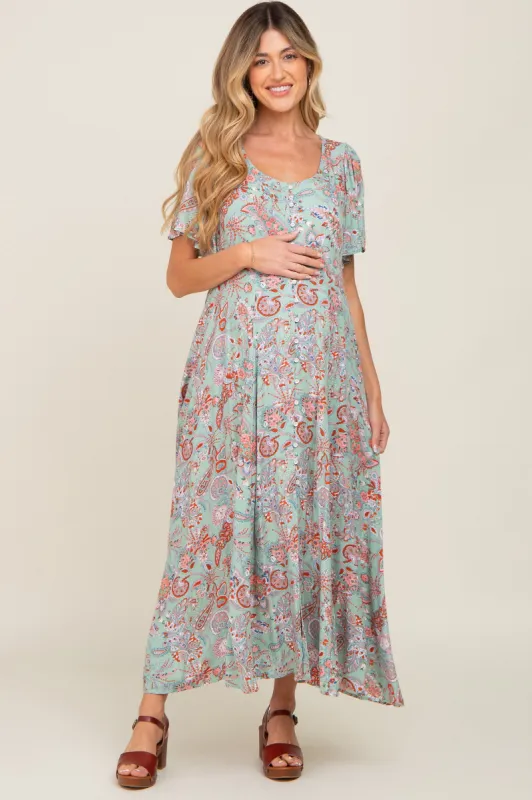 Mint Green Floral Button Front Short Flutter Sleeve Maternity Maxi Dress sold by Pinkblush