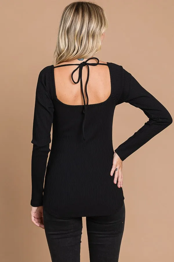 Black Ribbed Sweetheart Neck Long Sleeve Top sold by Pinkblush product image thumbnail 3