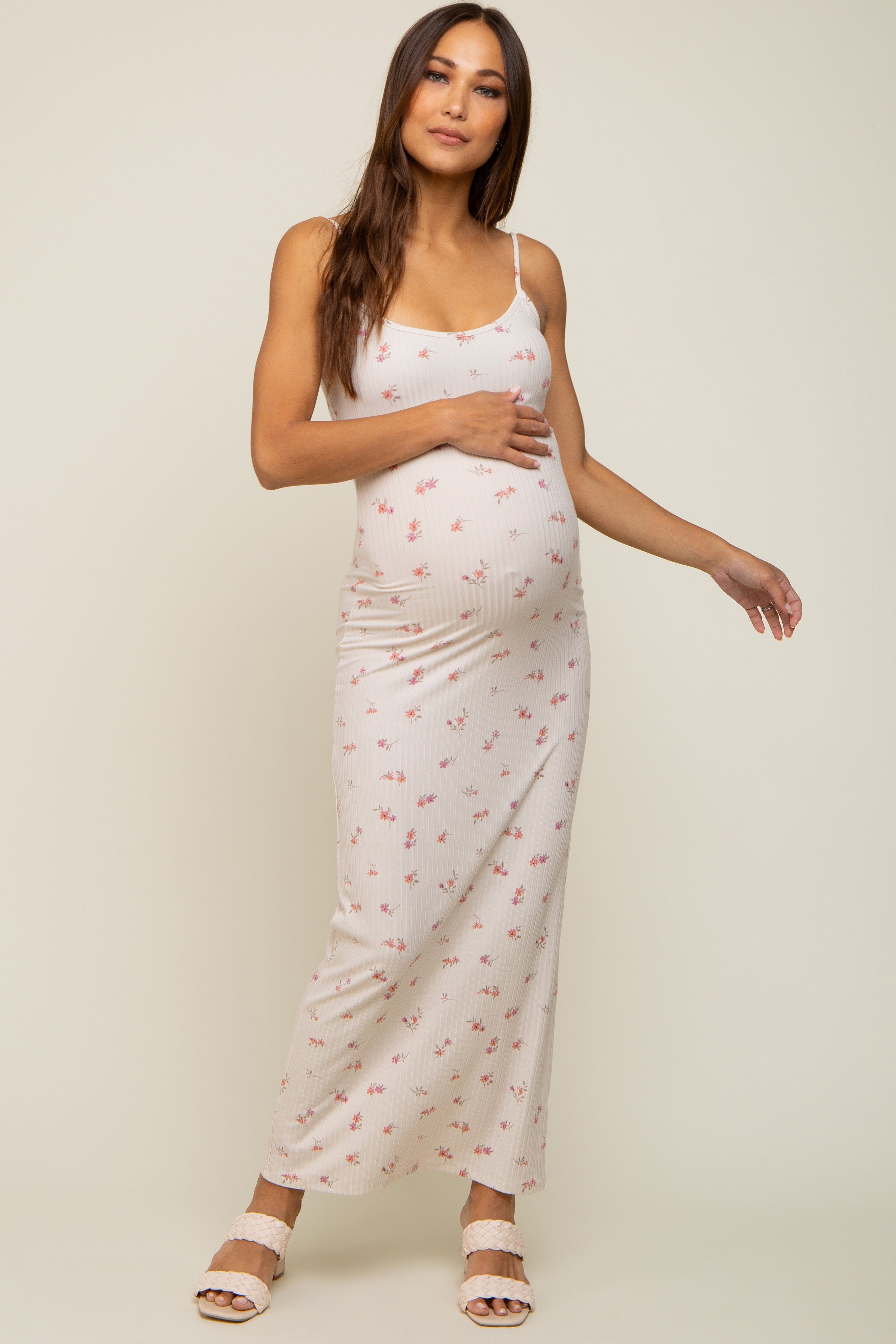 Cream Floral Ribbed Maternity Maxi Dress sold by Pinkblush product image thumbnail 4