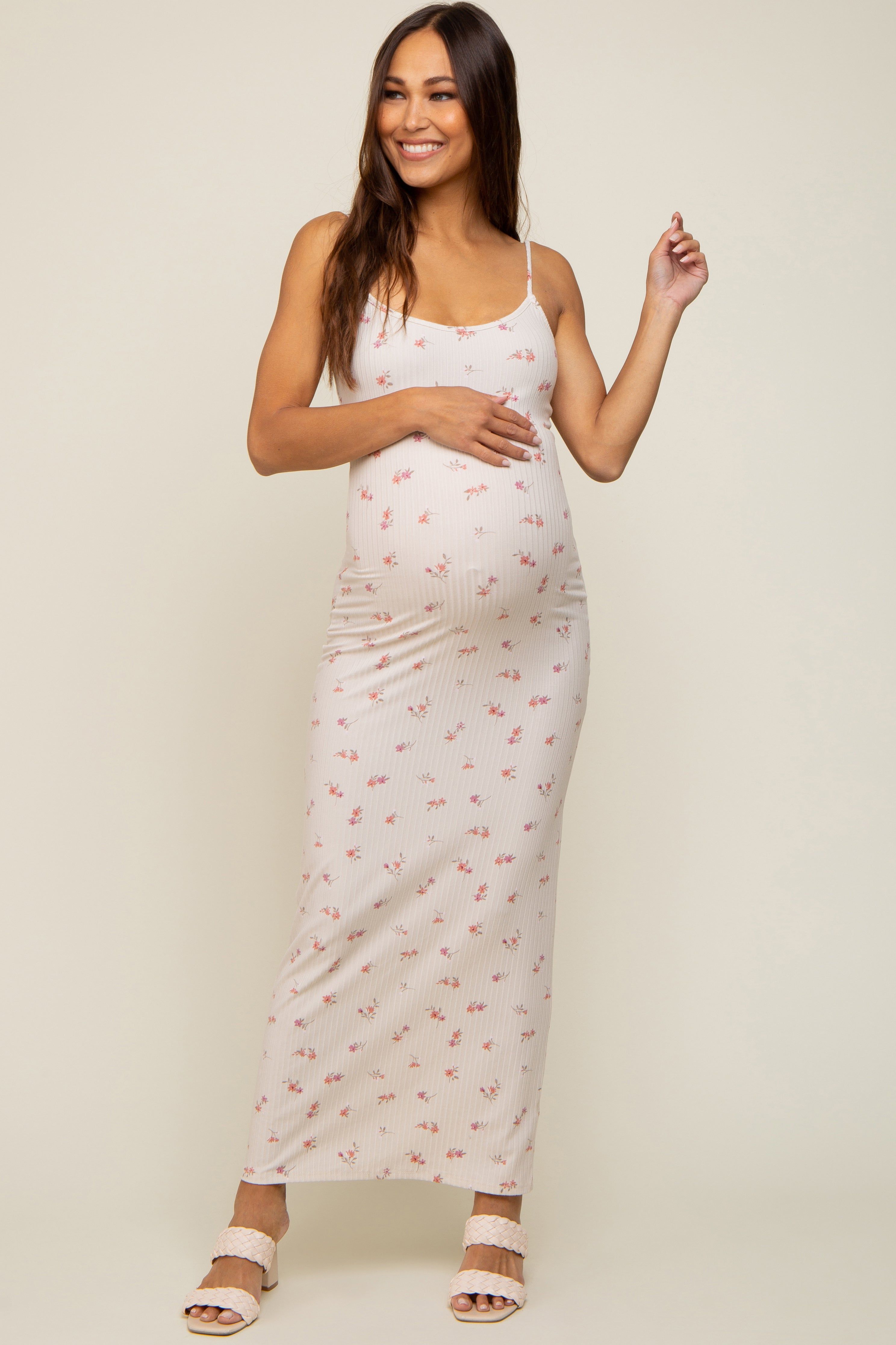 Cream Floral Ribbed Maternity Maxi Dress sold by Pinkblush