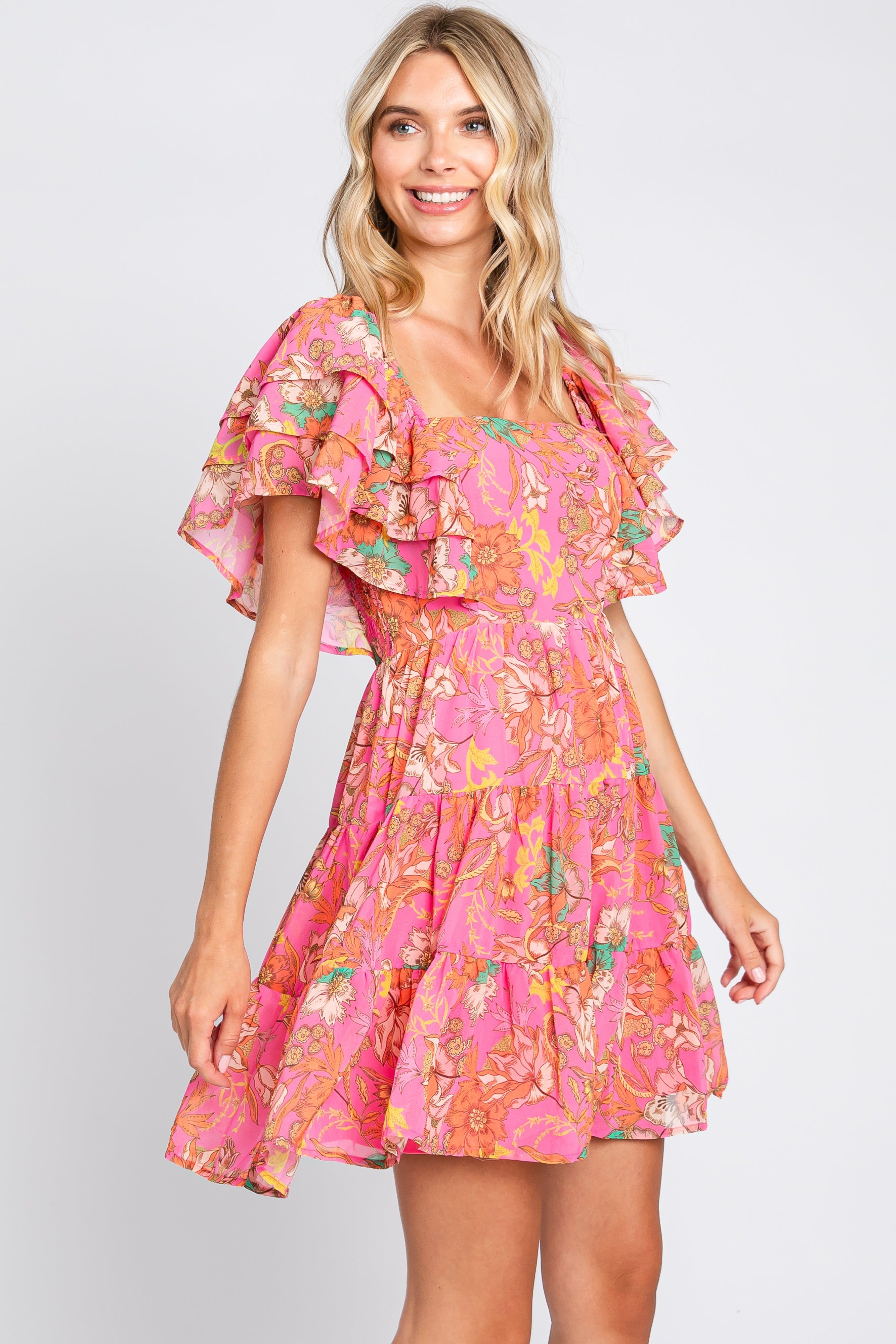 Fuchsia Floral Frill Sleeve Tiered Dress sold by Pinkblush product image thumbnail 2