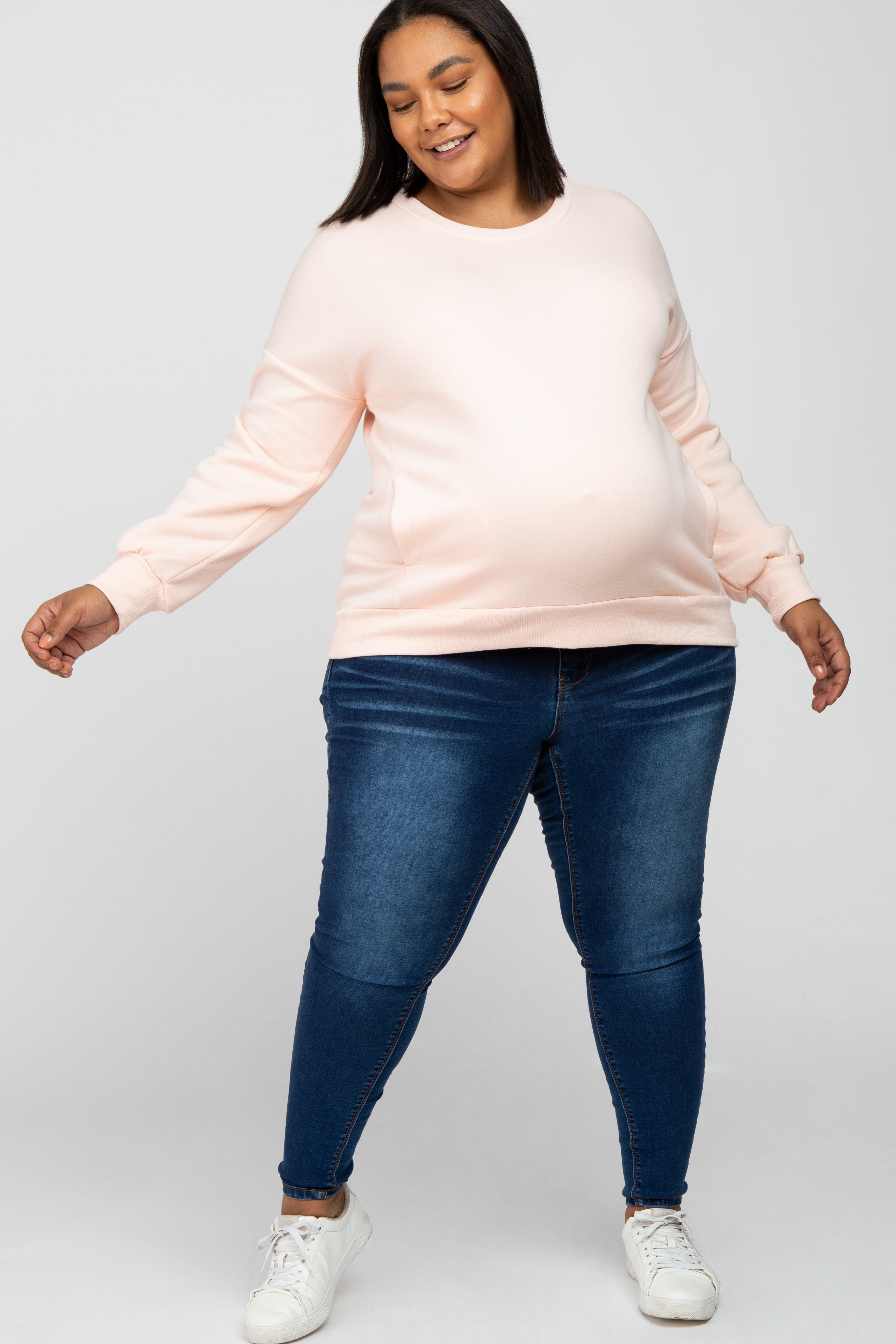 Light Pink Pocketed Plus Maternity Sweatshirt sold by Pinkblush