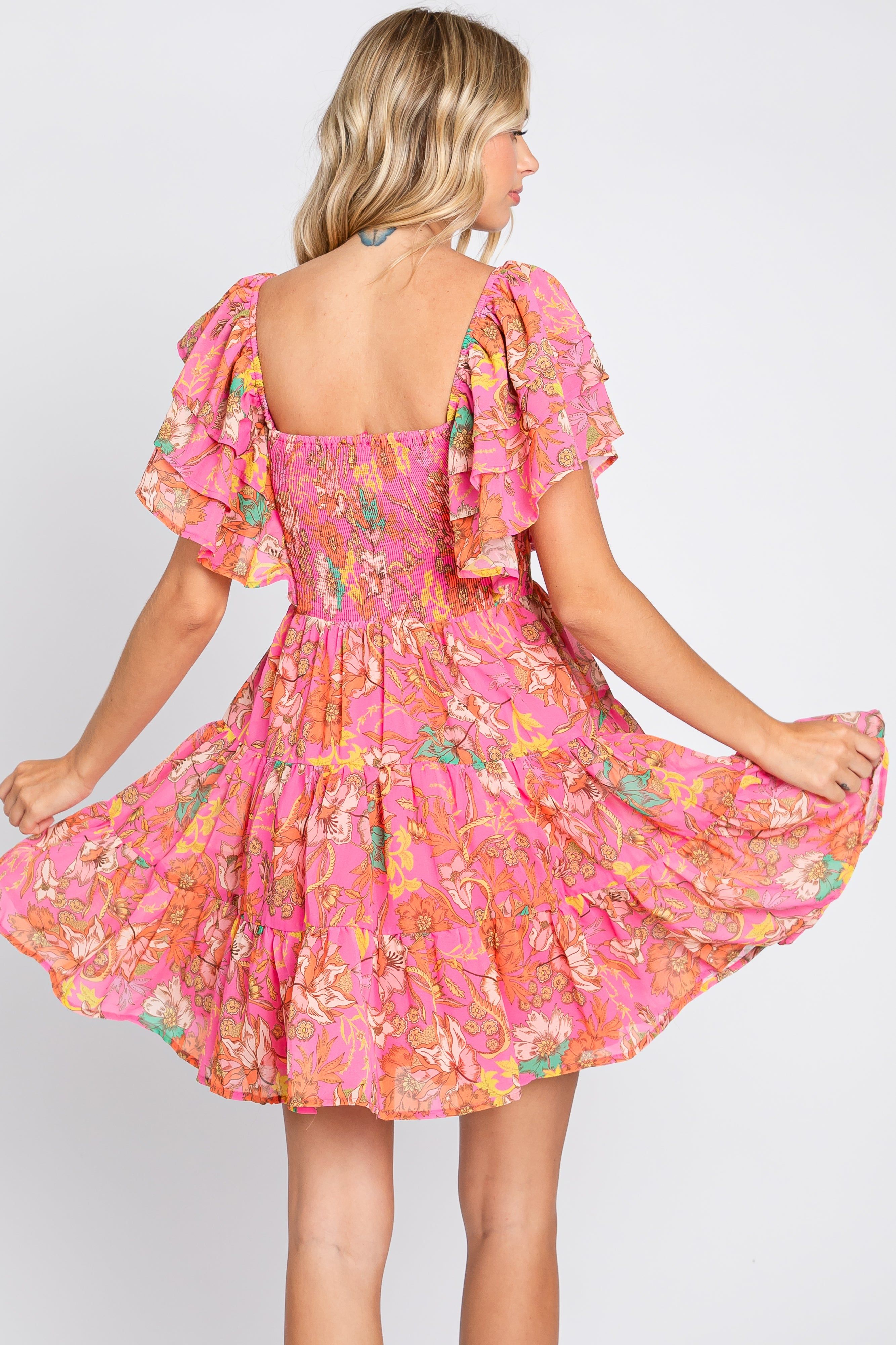 Fuchsia Floral Frill Sleeve Tiered Dress sold by Pinkblush product image thumbnail 3