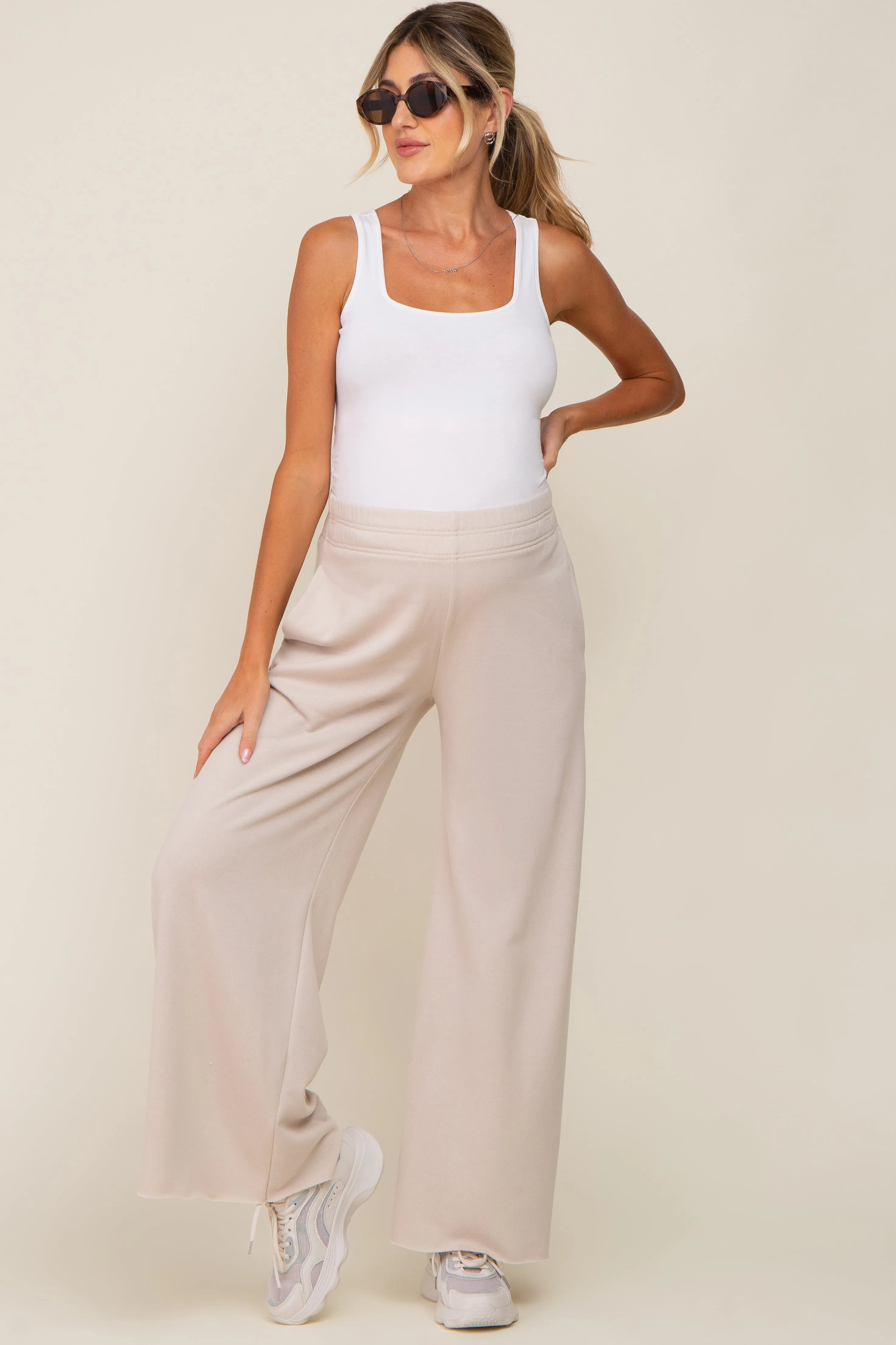 Beige Soft Fleece Wide Leg Maternity Lounge Pants sold by Pinkblush product image thumbnail 5