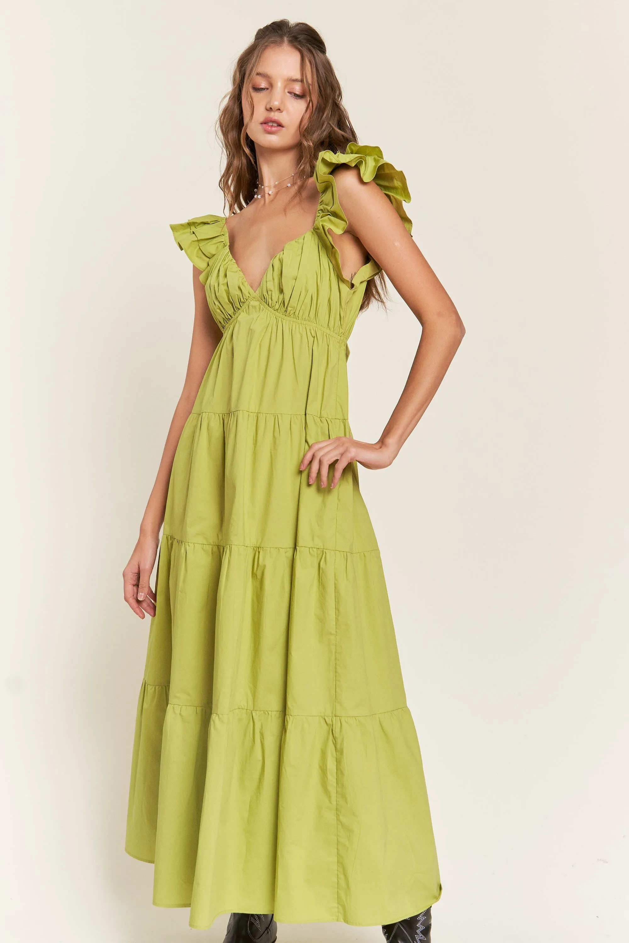 Lime Flutter Sleeve Tiered Maxi Dress sold by Pinkblush product image thumbnail 2