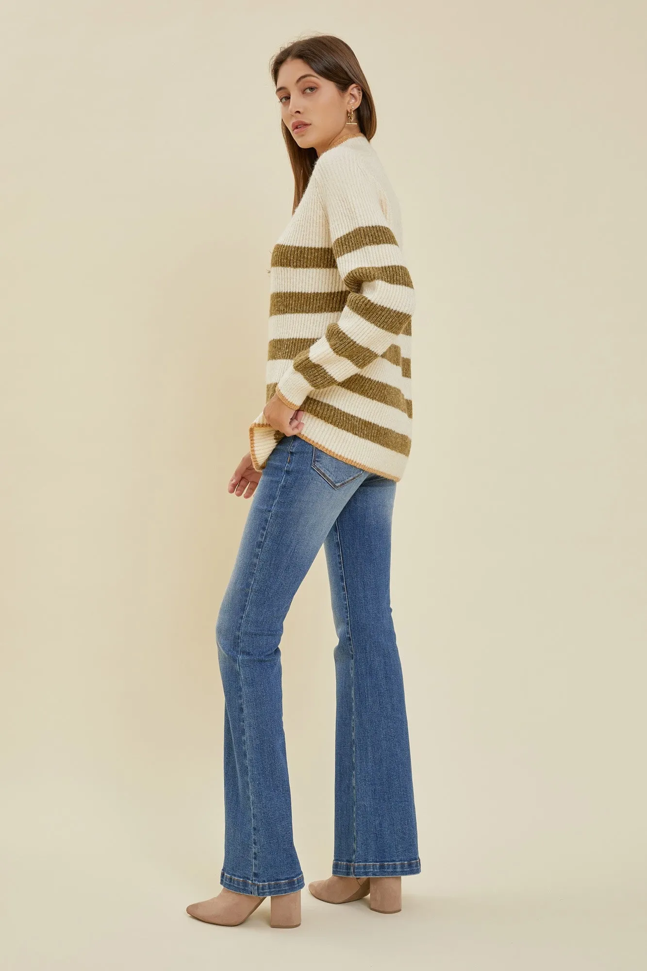 Olive Striped Color Block Mock Neck Sweater sold by Pinkblush product image thumbnail 3