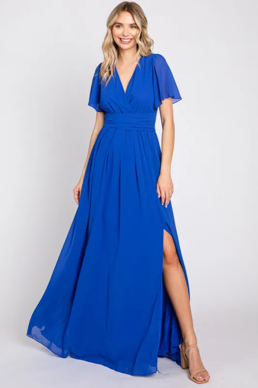 Royal Blue Chiffon Short Sleeve Wrap V-Neck Front Slit Maxi Dress sold by Pinkblush