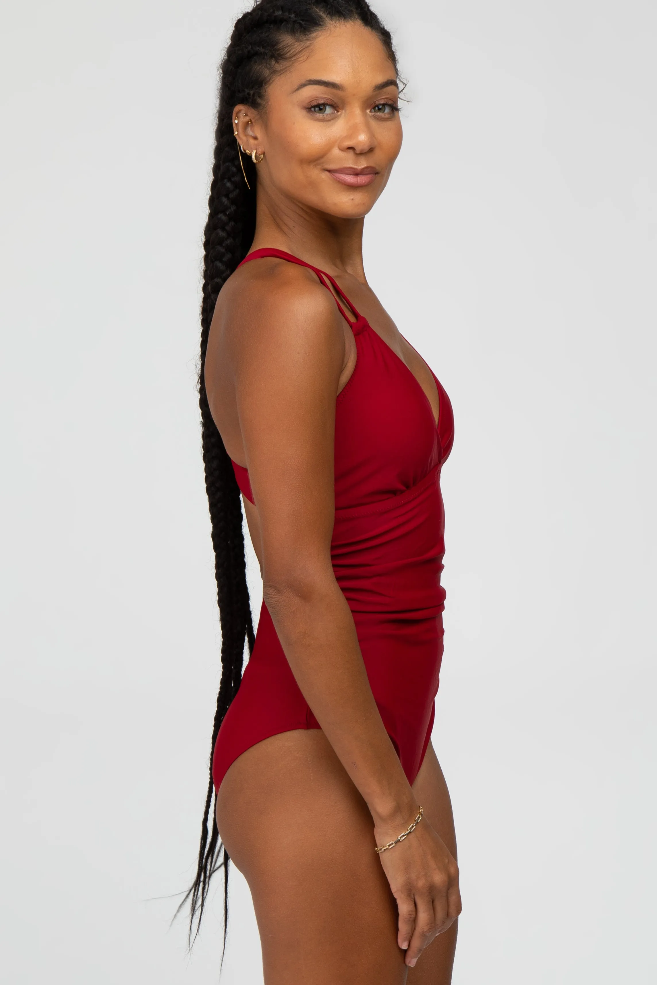 Red Ruched Side Strappy Cross Back One Piece Swimsuit sold by Pinkblush product image thumbnail 3