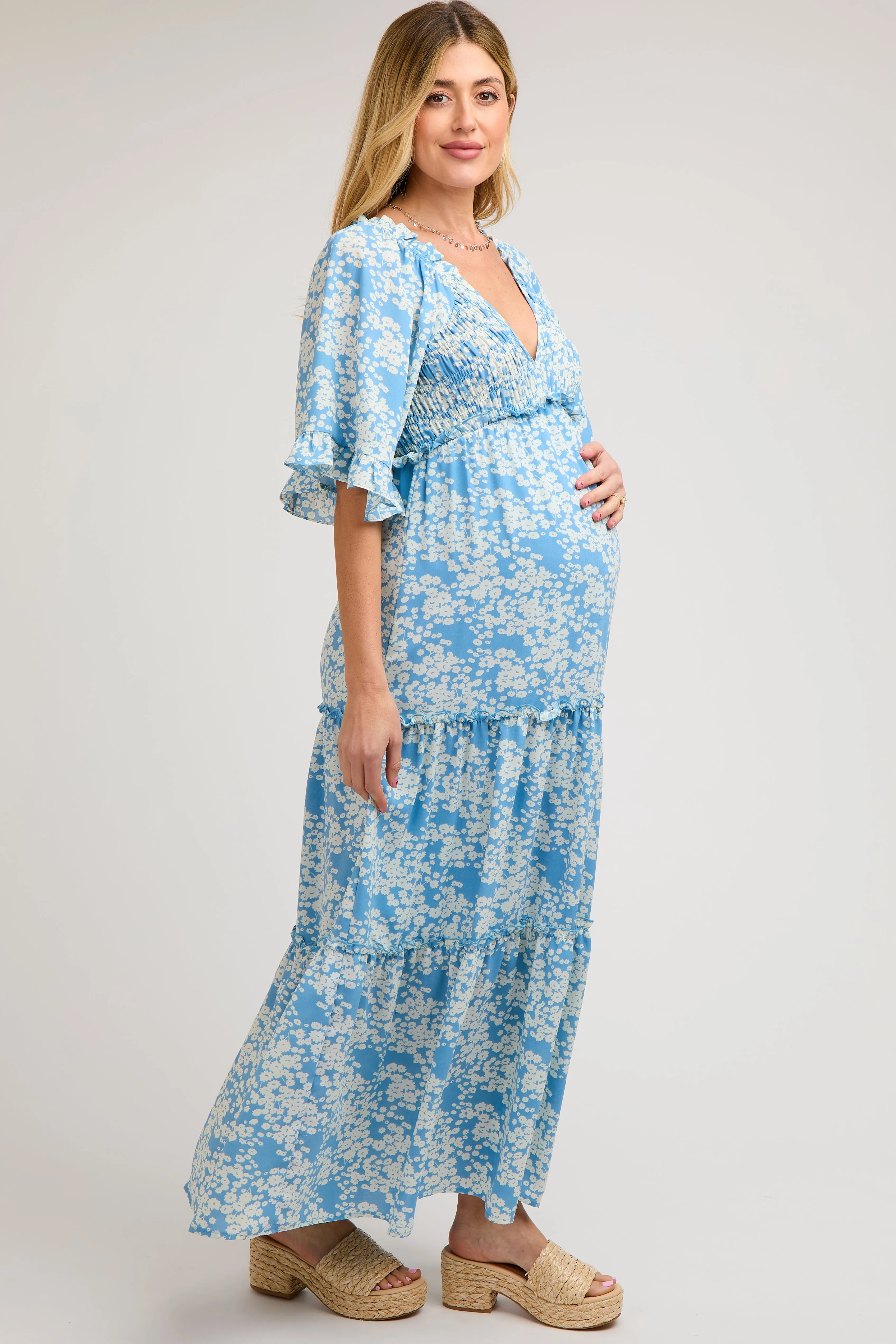 Blue Floral Smocked V-Neck Ruffle Tiered Maternity Maxi Dress sold by Pinkblush product image thumbnail 2
