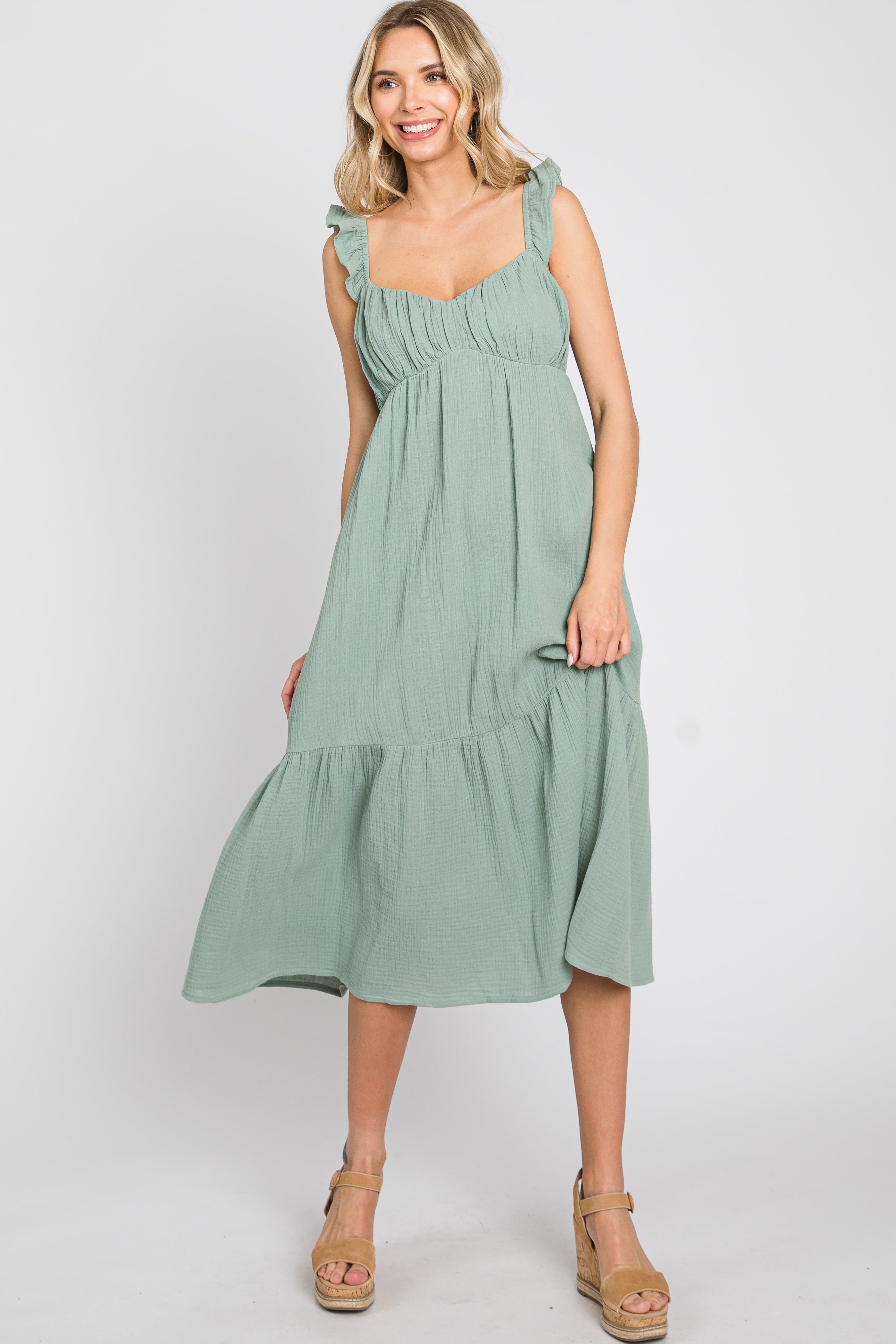 Sage Gauze Ruffle Midi Dress sold by Pinkblush