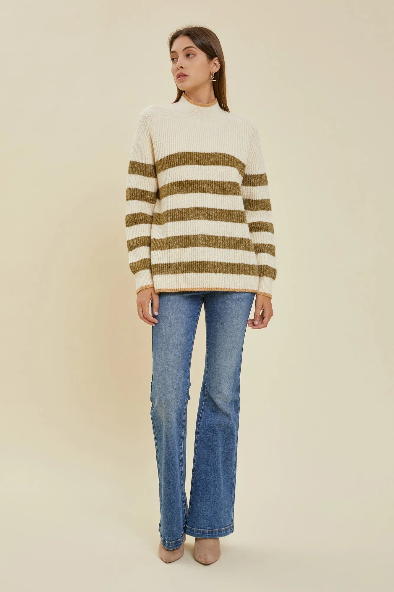 Olive Striped Color Block Mock Neck Sweater sold by Pinkblush