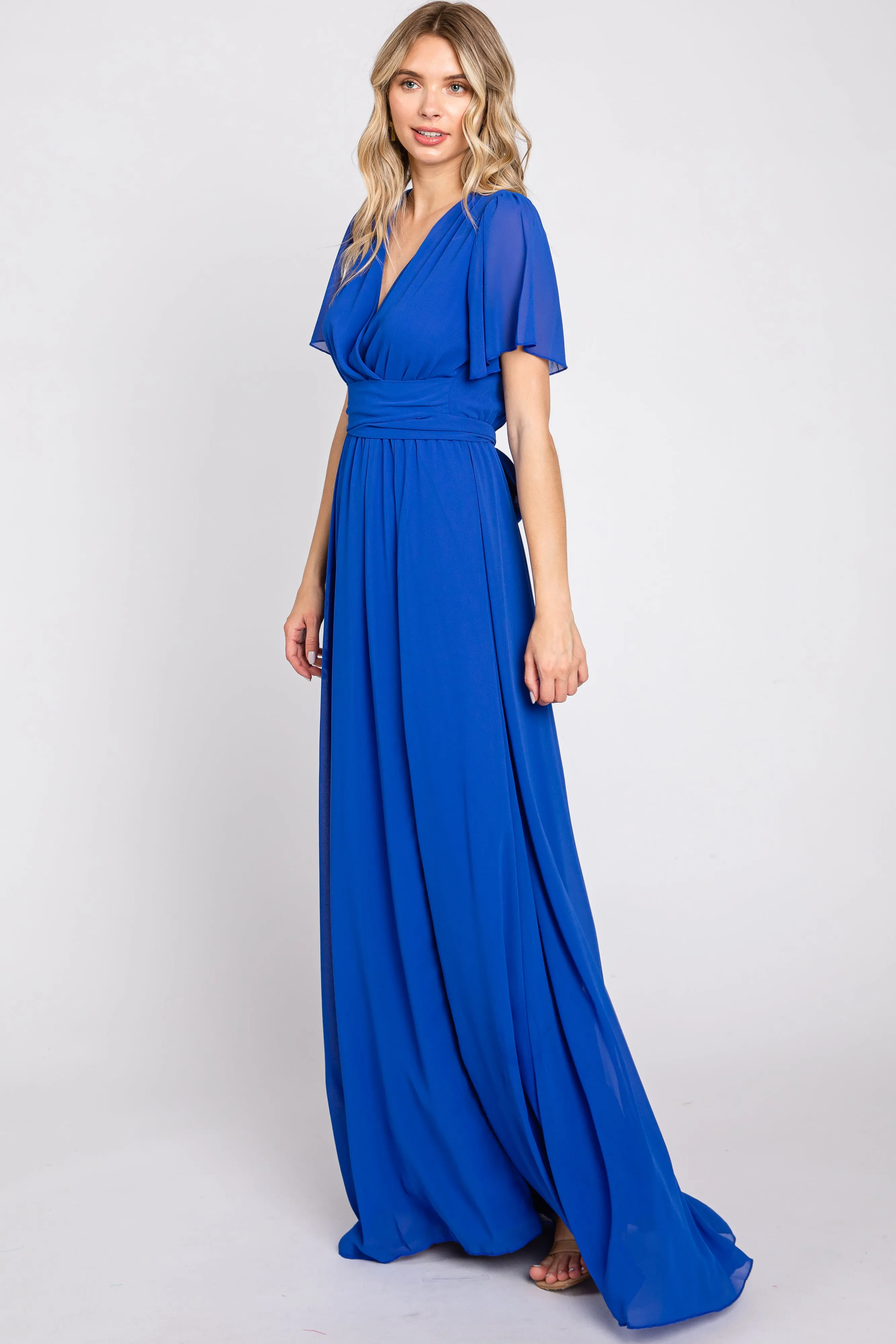 Royal Blue Chiffon Short Sleeve Wrap V-Neck Front Slit Maxi Dress sold by Pinkblush product image thumbnail 2