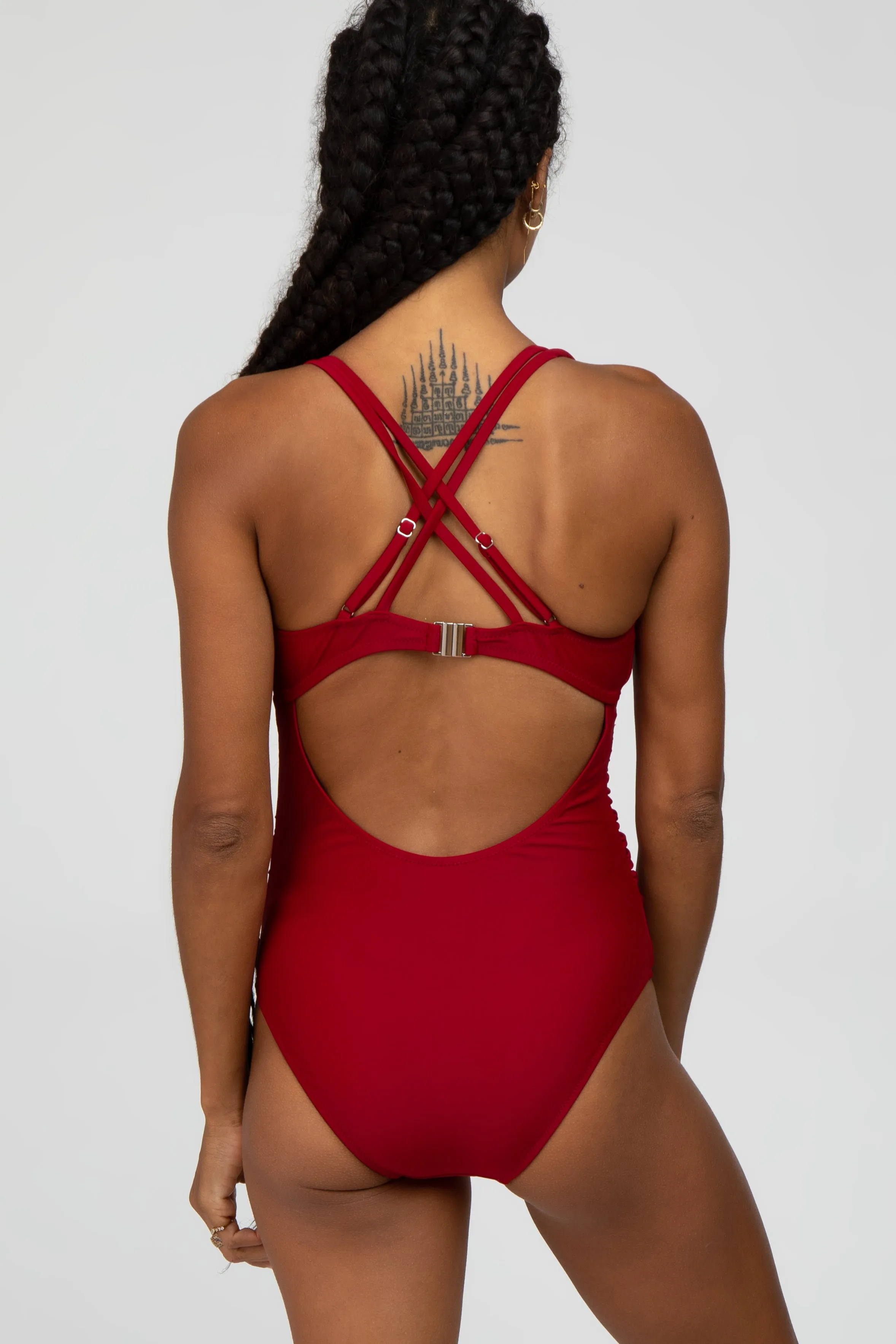 Red Ruched Side Strappy Cross Back One Piece Swimsuit sold by Pinkblush product image thumbnail 4
