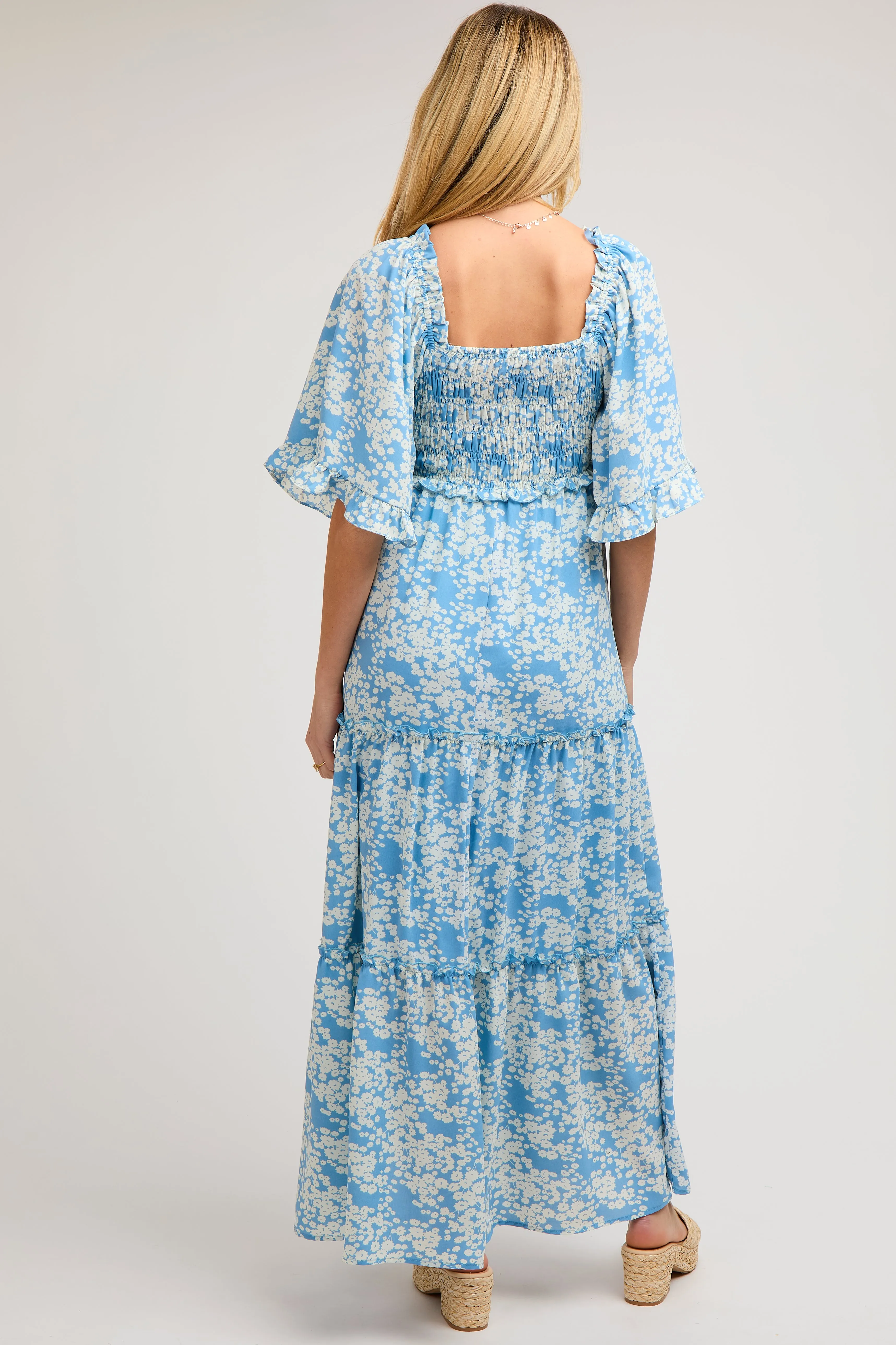 Blue Floral Smocked V-Neck Ruffle Tiered Maternity Maxi Dress sold by Pinkblush product image thumbnail 3