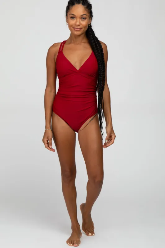 Red Ruched Side Strappy Cross Back One Piece Swimsuit sold by Pinkblush