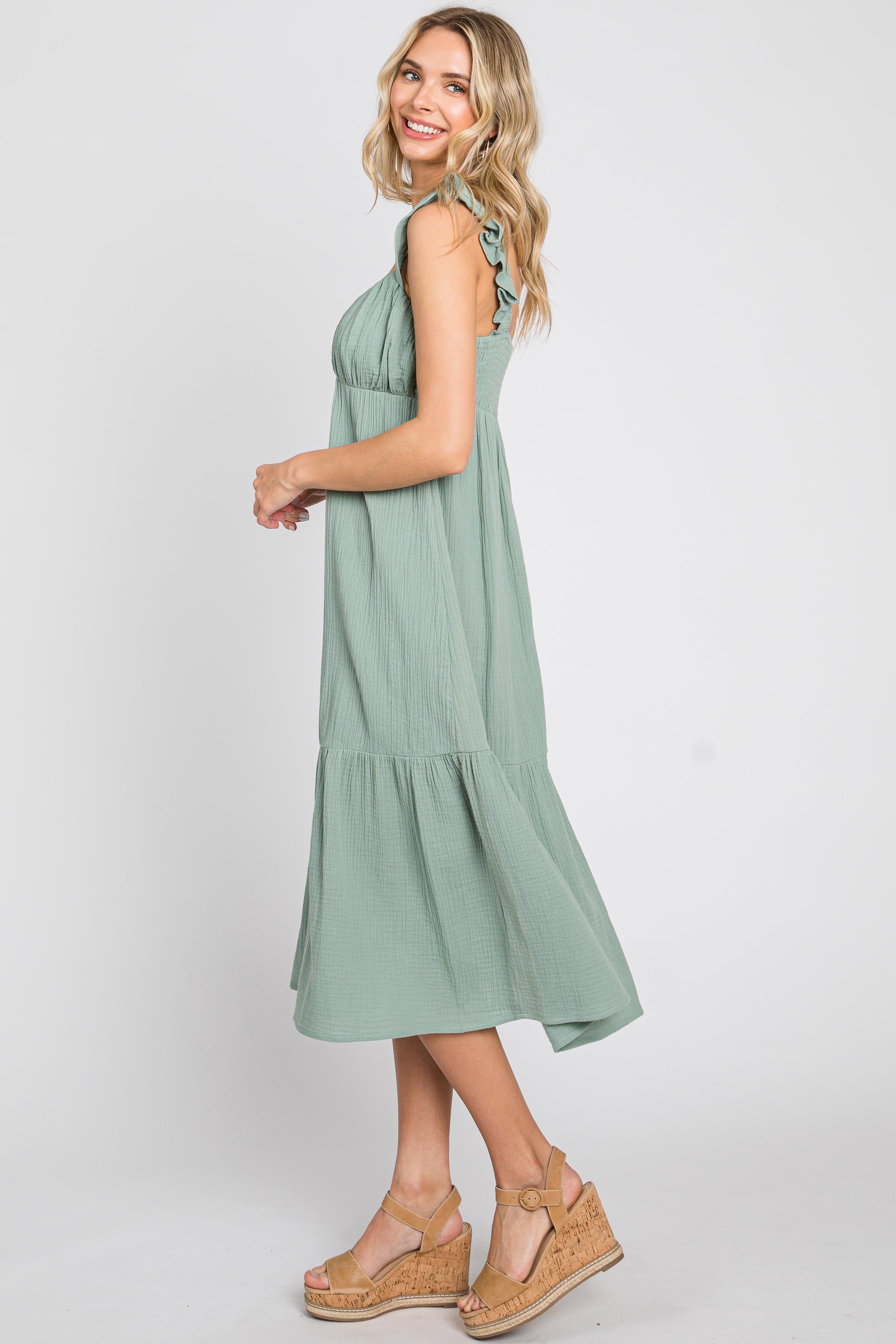 Sage Gauze Ruffle Midi Dress sold by Pinkblush product image thumbnail 2