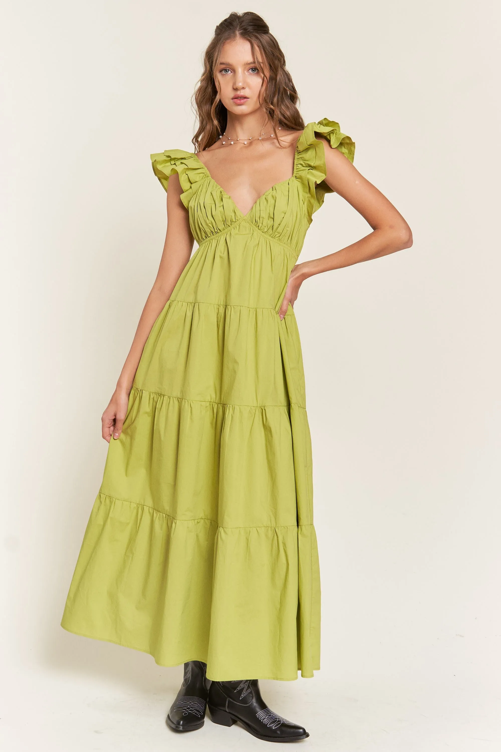 Lime Flutter Sleeve Tiered Maxi Dress sold by Pinkblush