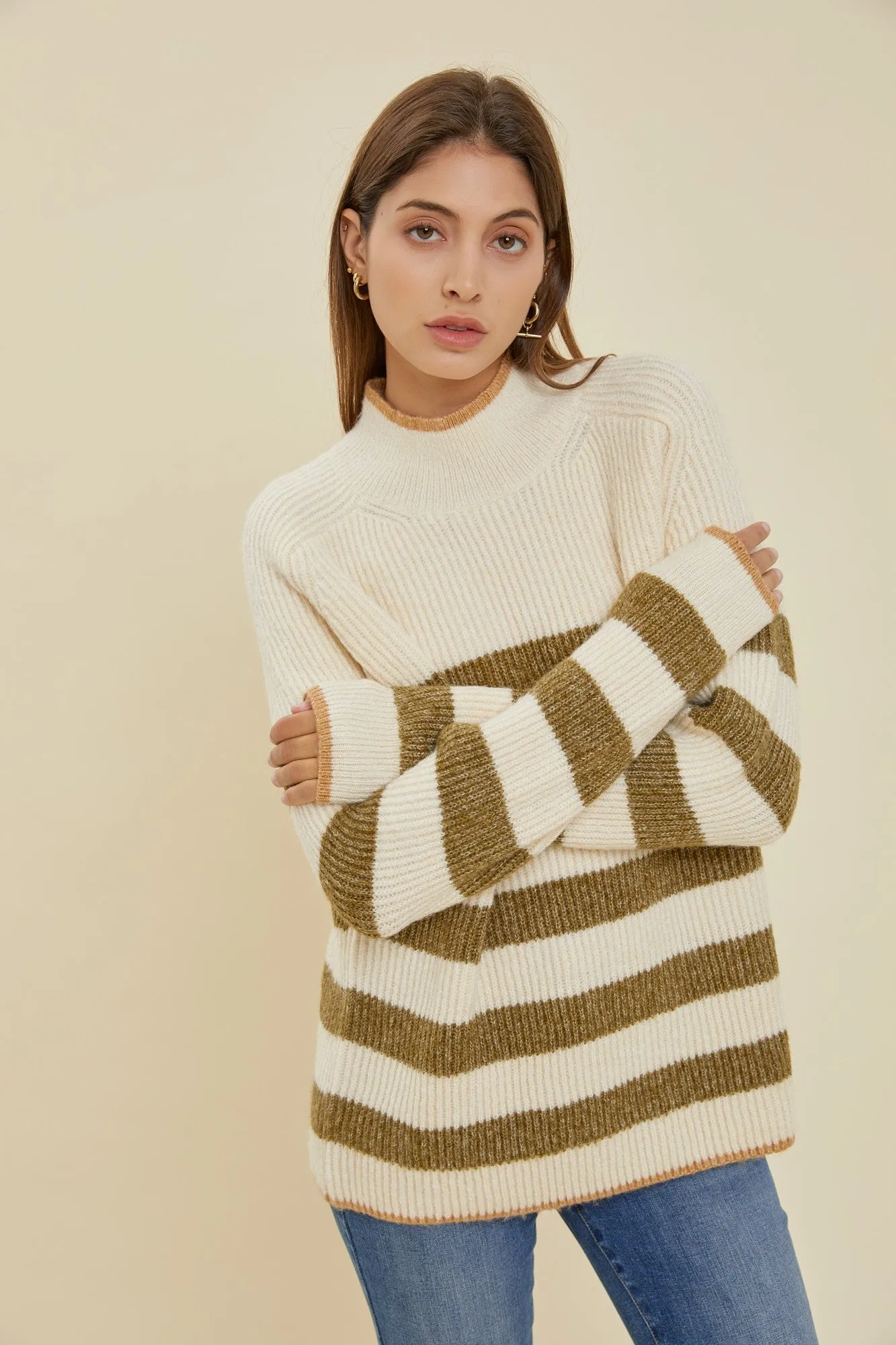 Olive Striped Color Block Mock Neck Sweater sold by Pinkblush product image thumbnail 2