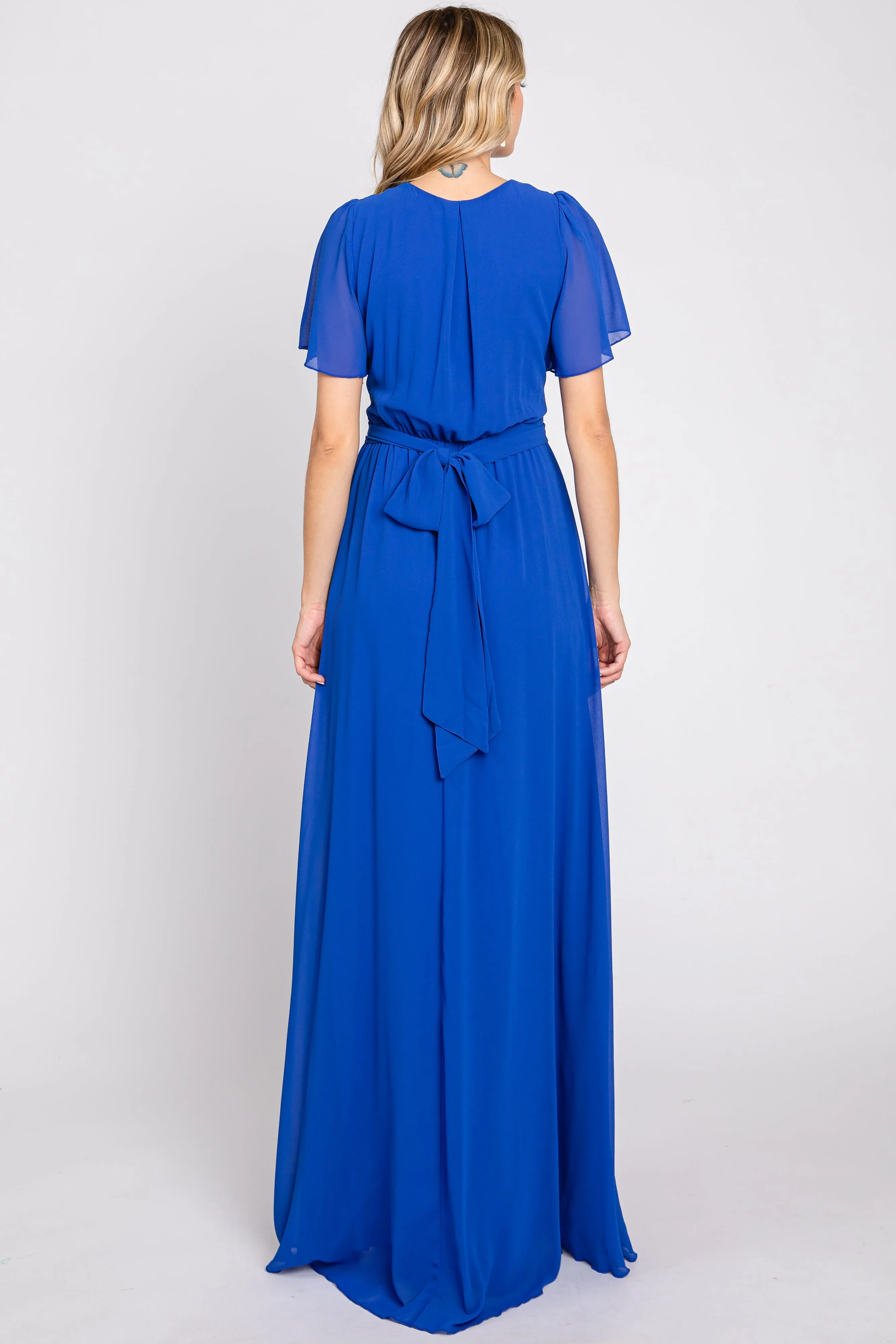 Royal Blue Chiffon Short Sleeve Wrap V-Neck Front Slit Maxi Dress sold by Pinkblush product image thumbnail 3
