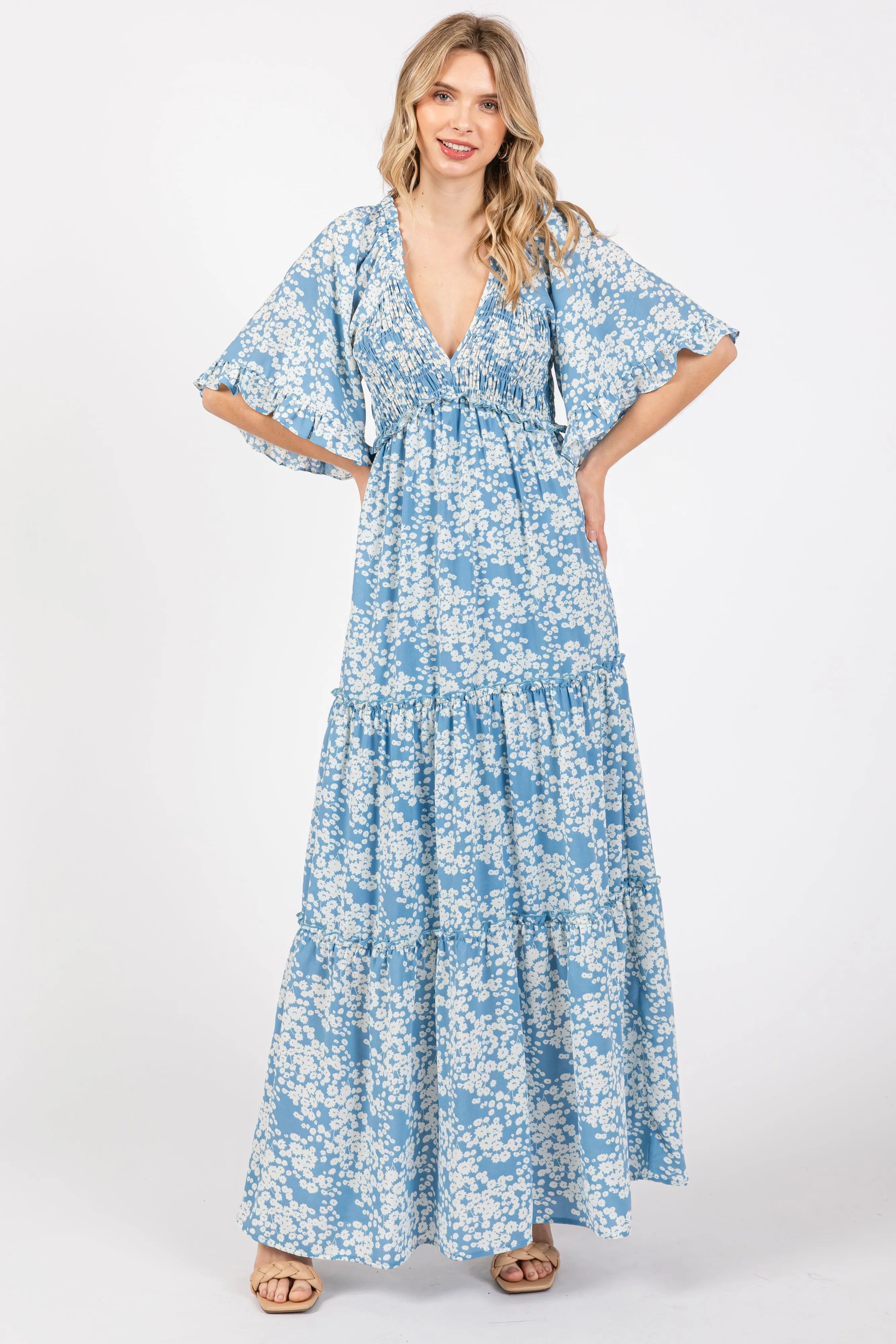 Blue Floral Smocked V-Neck Ruffle Tiered Maternity Maxi Dress sold by Pinkblush product image thumbnail 4