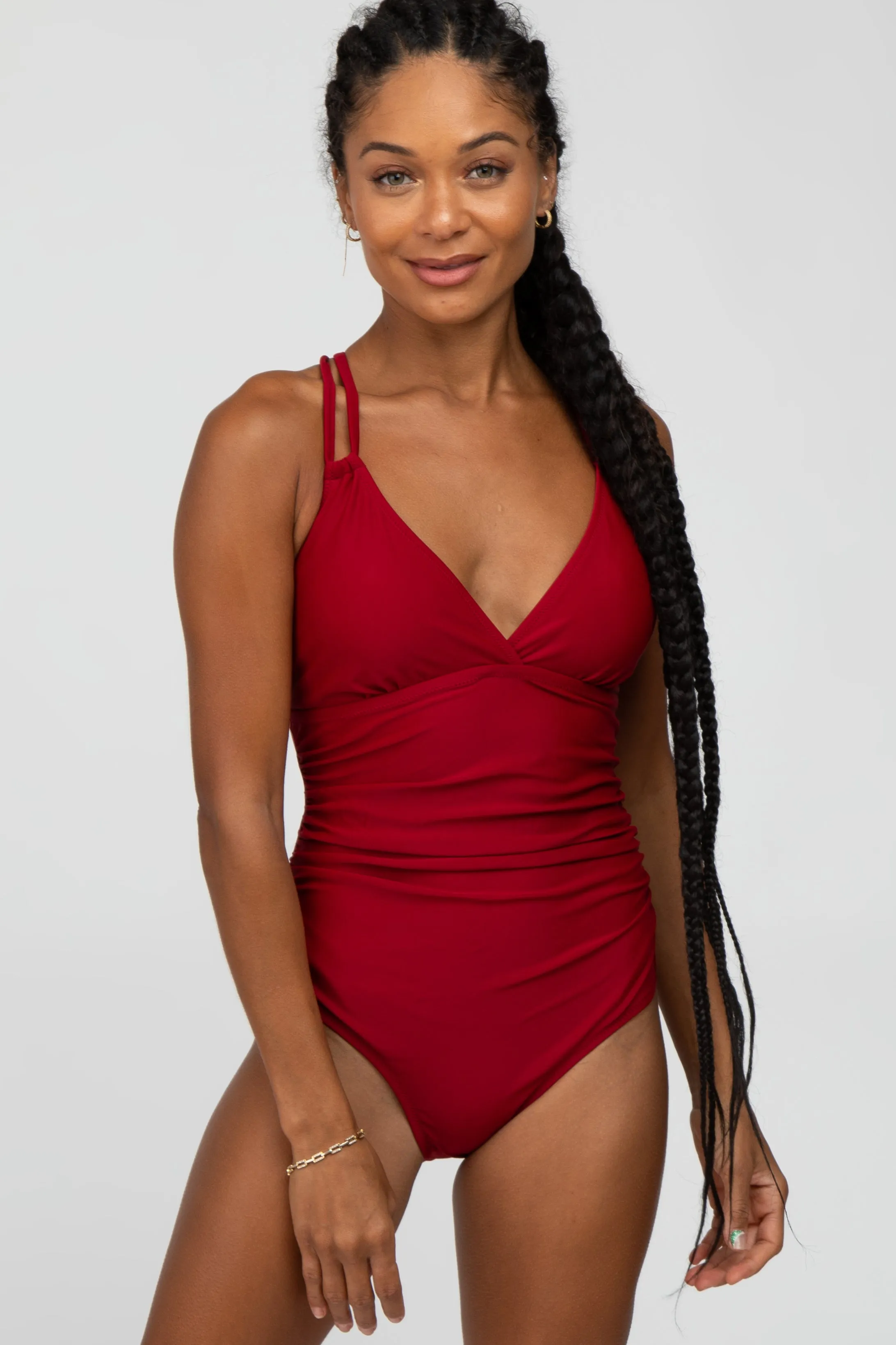 Red Ruched Side Strappy Cross Back One Piece Swimsuit sold by Pinkblush product image thumbnail 2