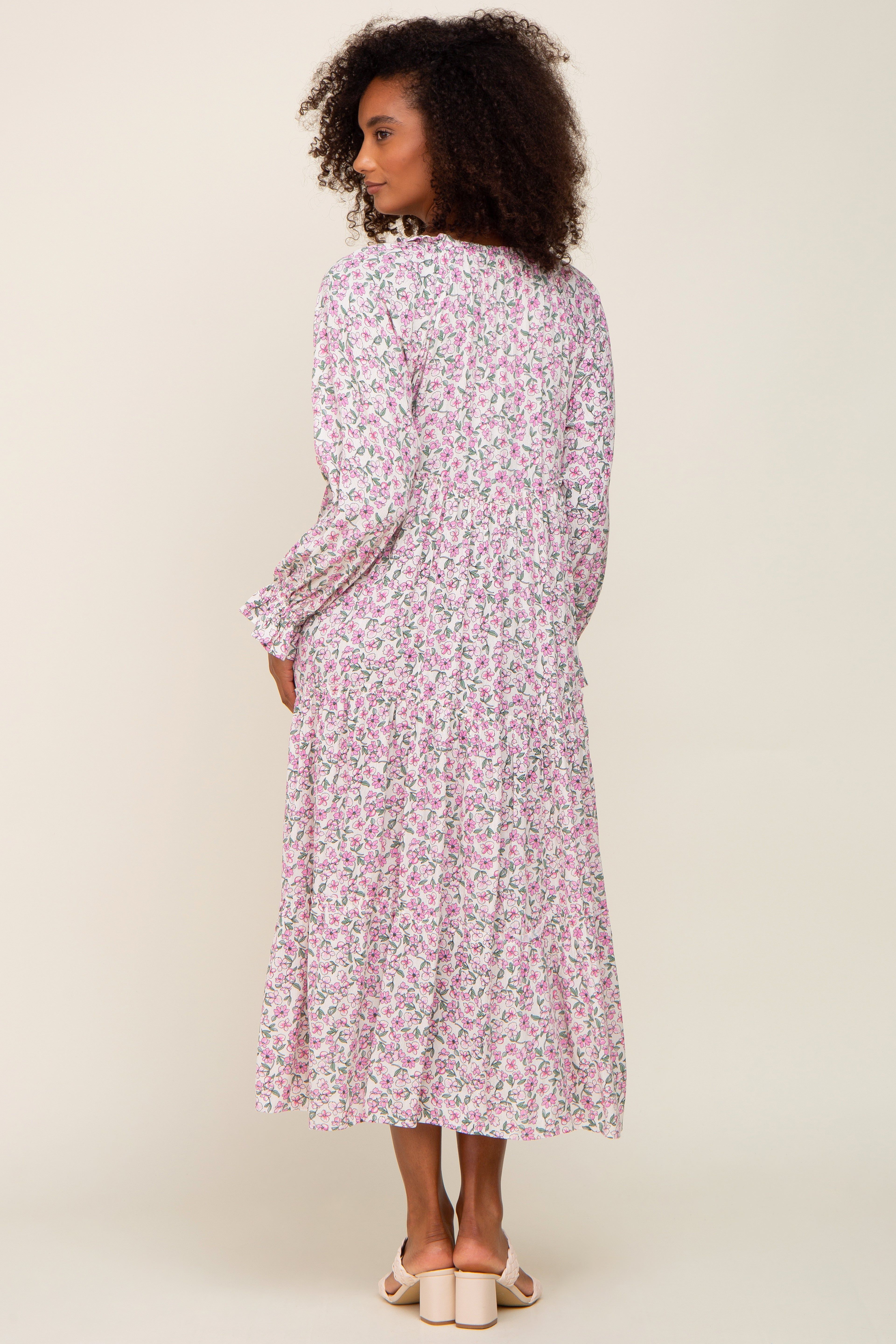 Pink Floral Front Tie Long Sleeve Tiered Midi Dress sold by Pinkblush product image thumbnail 3
